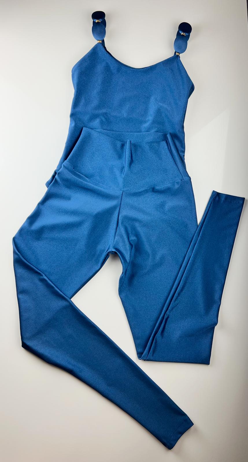 Deep Ocean Blue Bodysuit Swimsuit – One-Piece with Beaded Straps and Gold Details | Sleek & Stylish Swimwear / Fitness Wear