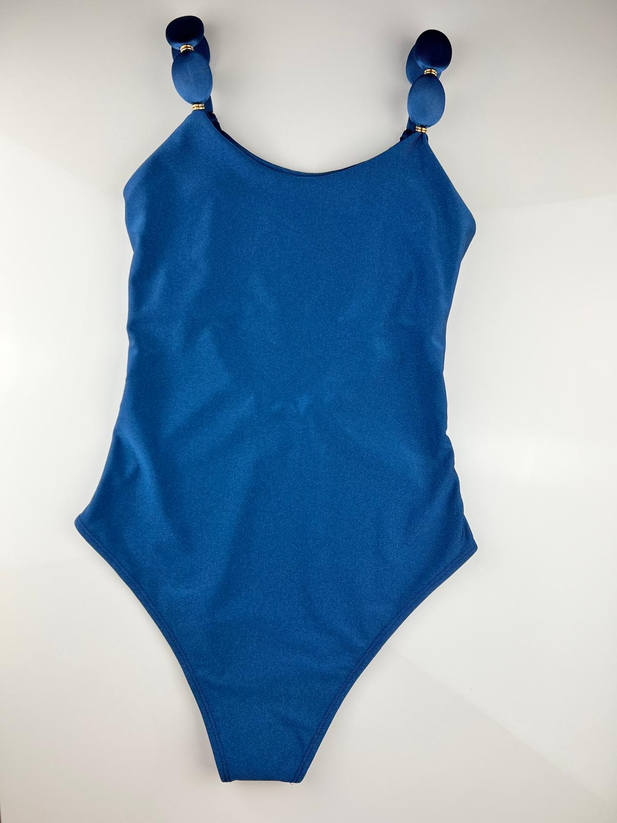 Deep Ocean Blue Bodysuit Swimsuit – One-Piece with Beaded Straps and Gold Details | Sleek & Stylish Swimwear / Fitness Wear