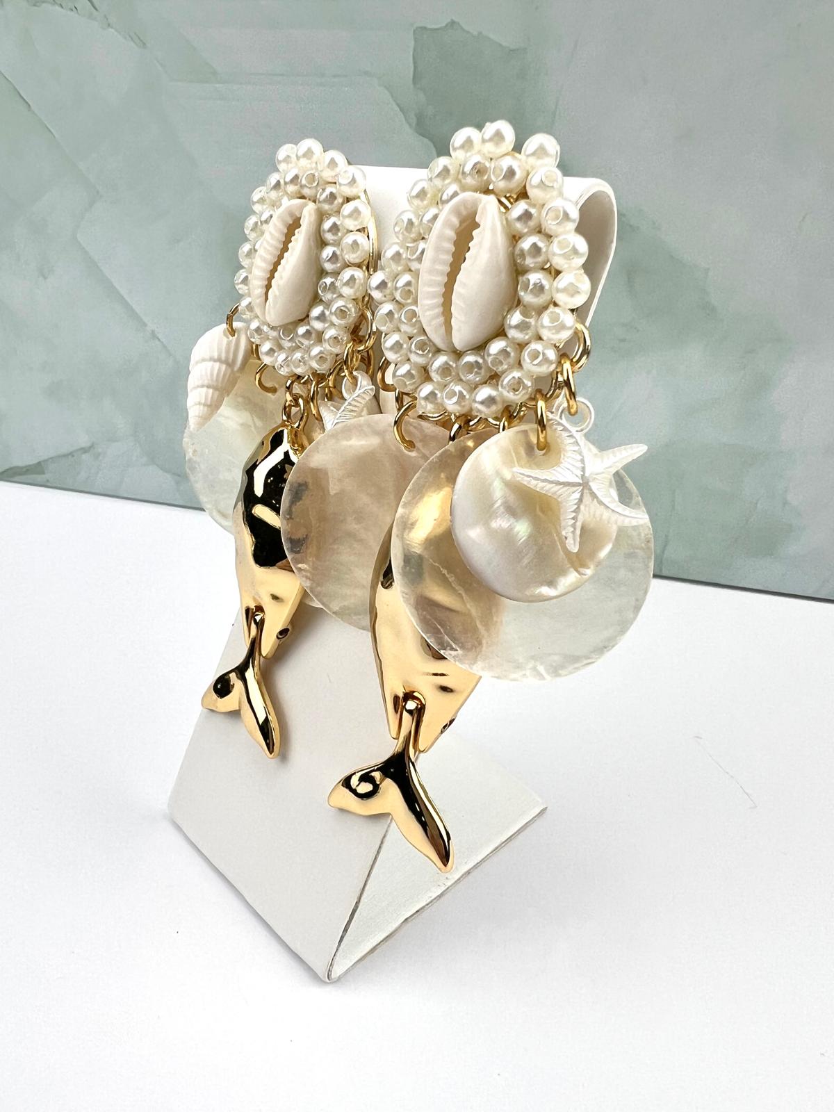 Pearl & Gold Fish Drop Earrings