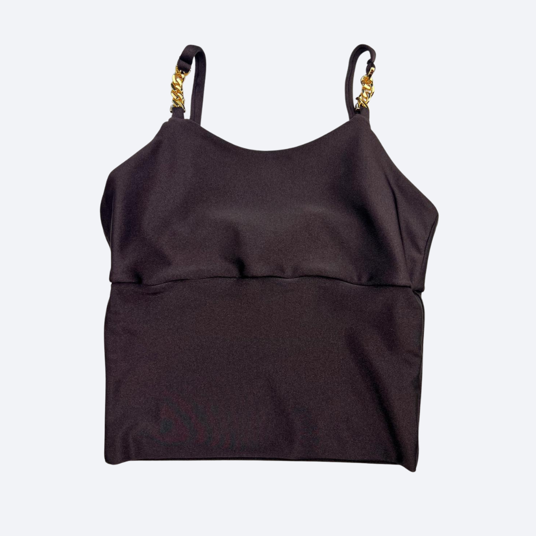 Coffee Sculpt Fit Crop Top with Gold Chain Straps - Irina
