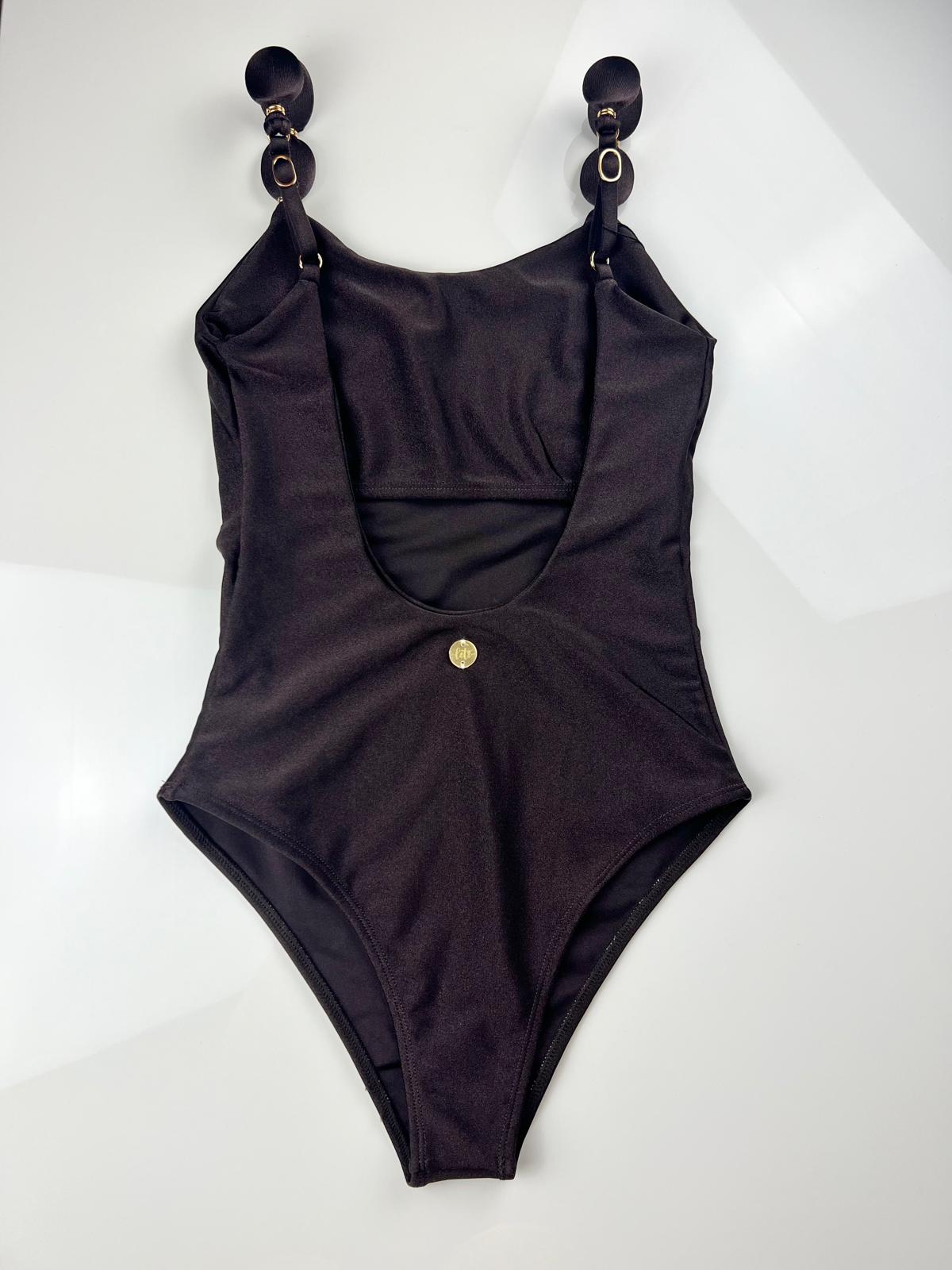 Dark Coffee Brown Bodysuit Swimsuit – One-Piece with Beaded Straps and Gold Details | Sleek & Stylish Swimwear / Fitness Wear