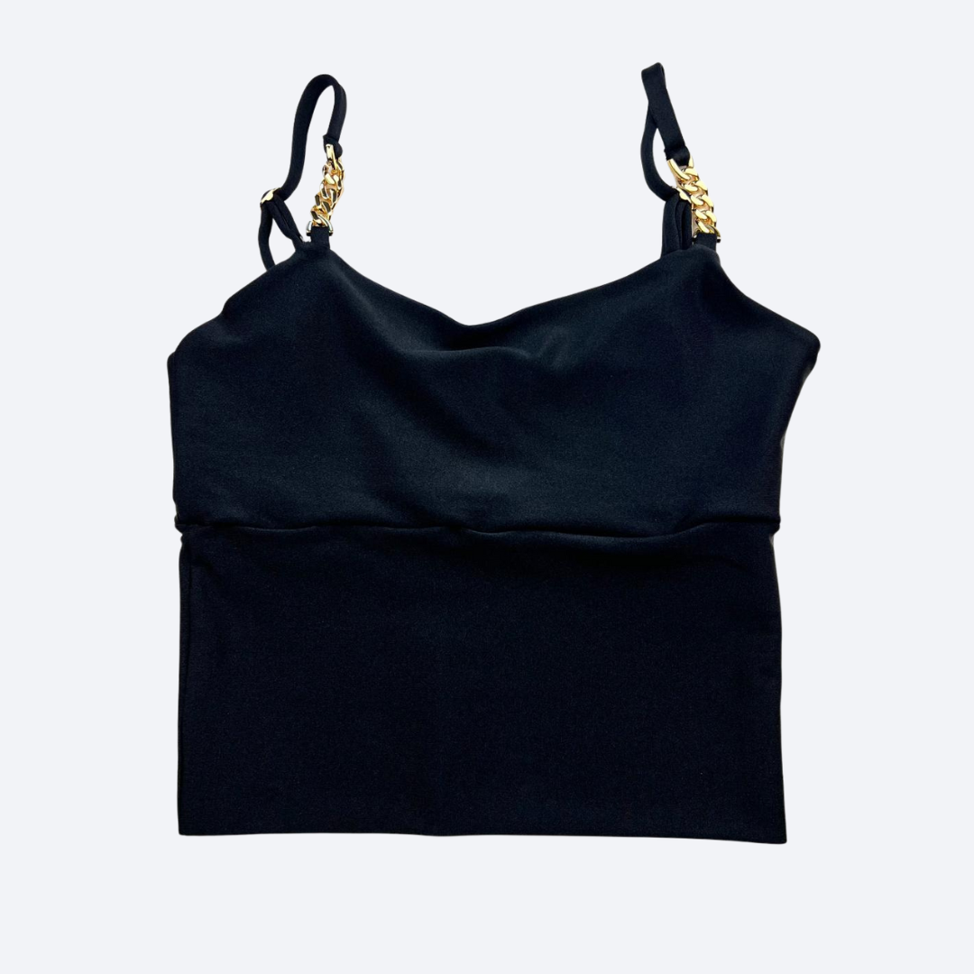 Black Sculpt Fit Crop Top with Gold Chain Straps - Irina