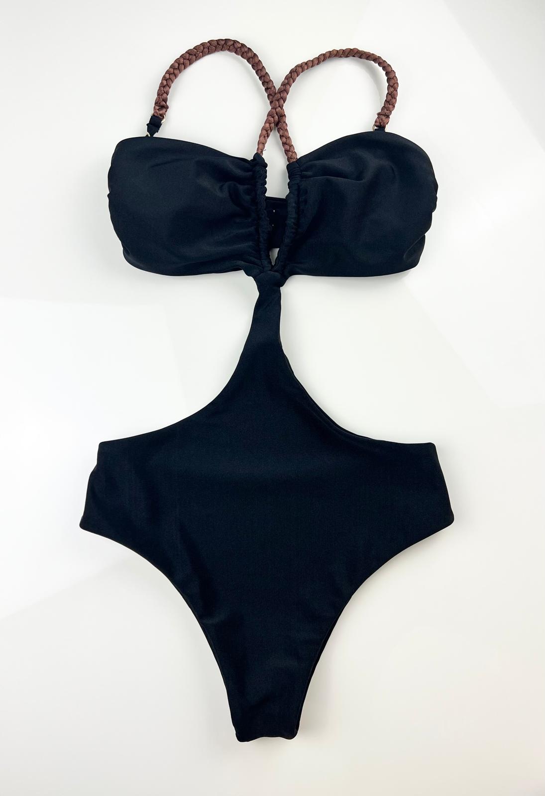 Black Monokini – Fitness & Swim Bodysuit with Brazilian Cut and Braided Straps