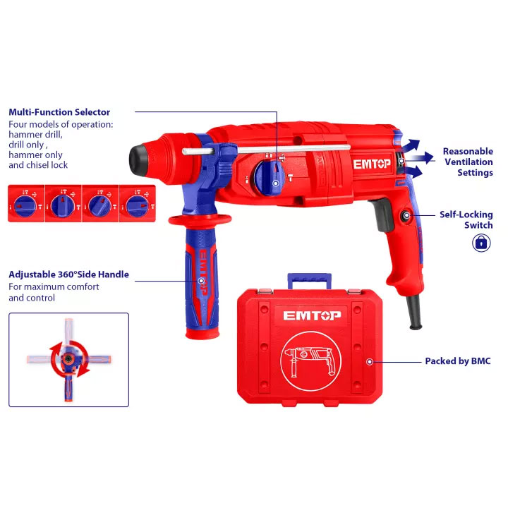 Emtop Heavy Duty Rotary Hammer Drill 800W With 5 Pcs Drilling Accessories – 100% Copper & Original – ERHRL801