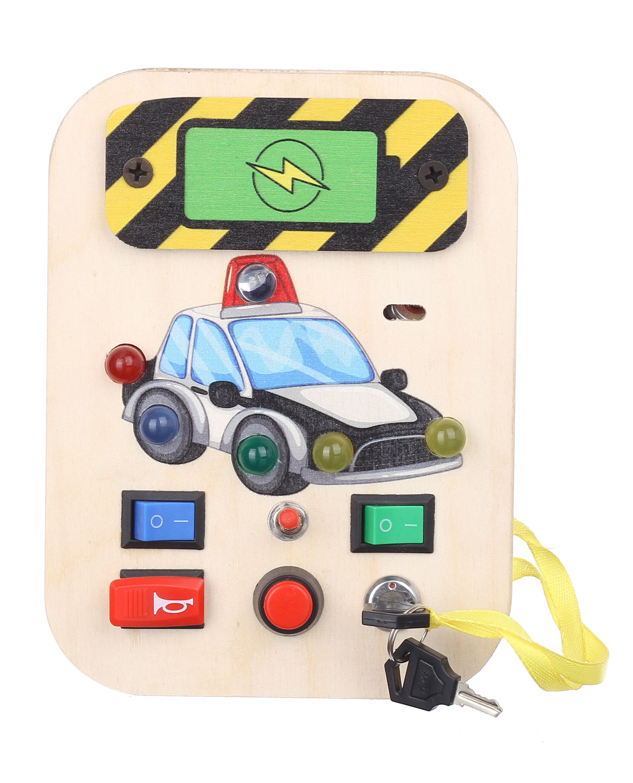 Bakiau Busy Board Mini Police Cruiser – LED Lights, Music, Switches, Montessori Sensory Toy, Travel Friendly, Key Lock Switch Fine Motor Skills, Brain Development Educational Toy for Toddlers 1-6 Yrs