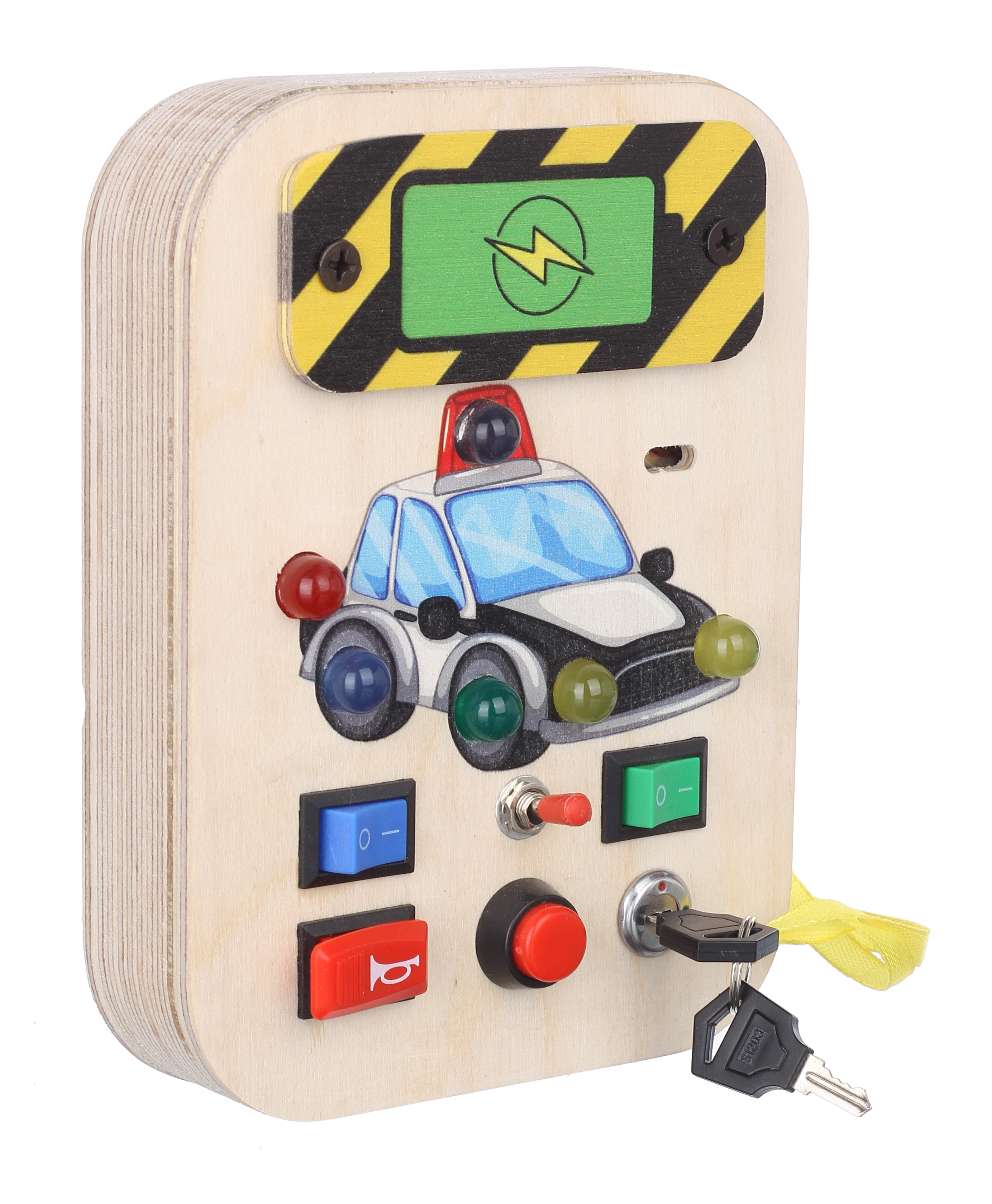 Bakiau Busy Board Mini Police Cruiser – LED Lights, Music, Switches, Montessori Sensory Toy, Travel Friendly, Key Lock Switch Fine Motor Skills, Brain Development Educational Toy for Toddlers 1-6 Yrs