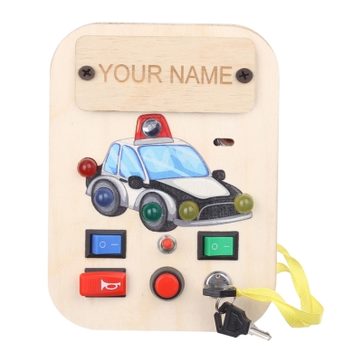 Bakiau Customized Busy Board Mini Police Cruiser – LED Lights, Music, Switches, Montessori Sensory Toy, Travel Friendly, Key Lock Switch Fine Motor Skills, Brain Development Educational Toy for Toddlers 1-6 Yrs