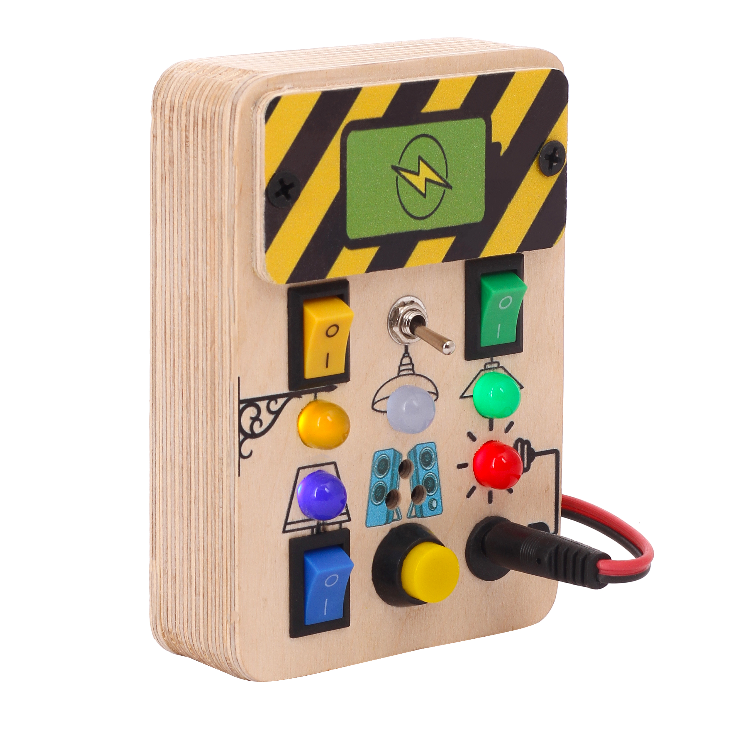 Bakiau ActionPad  – Electric Busy Board with 5 Lights, 6 Buttons & 1 Music Rhythm | Plug, Toggle, Switch, Push Buttons | Montessori Sensory Toy for Kids | Safe Wooden Activity Board | Ages 6 Months+
