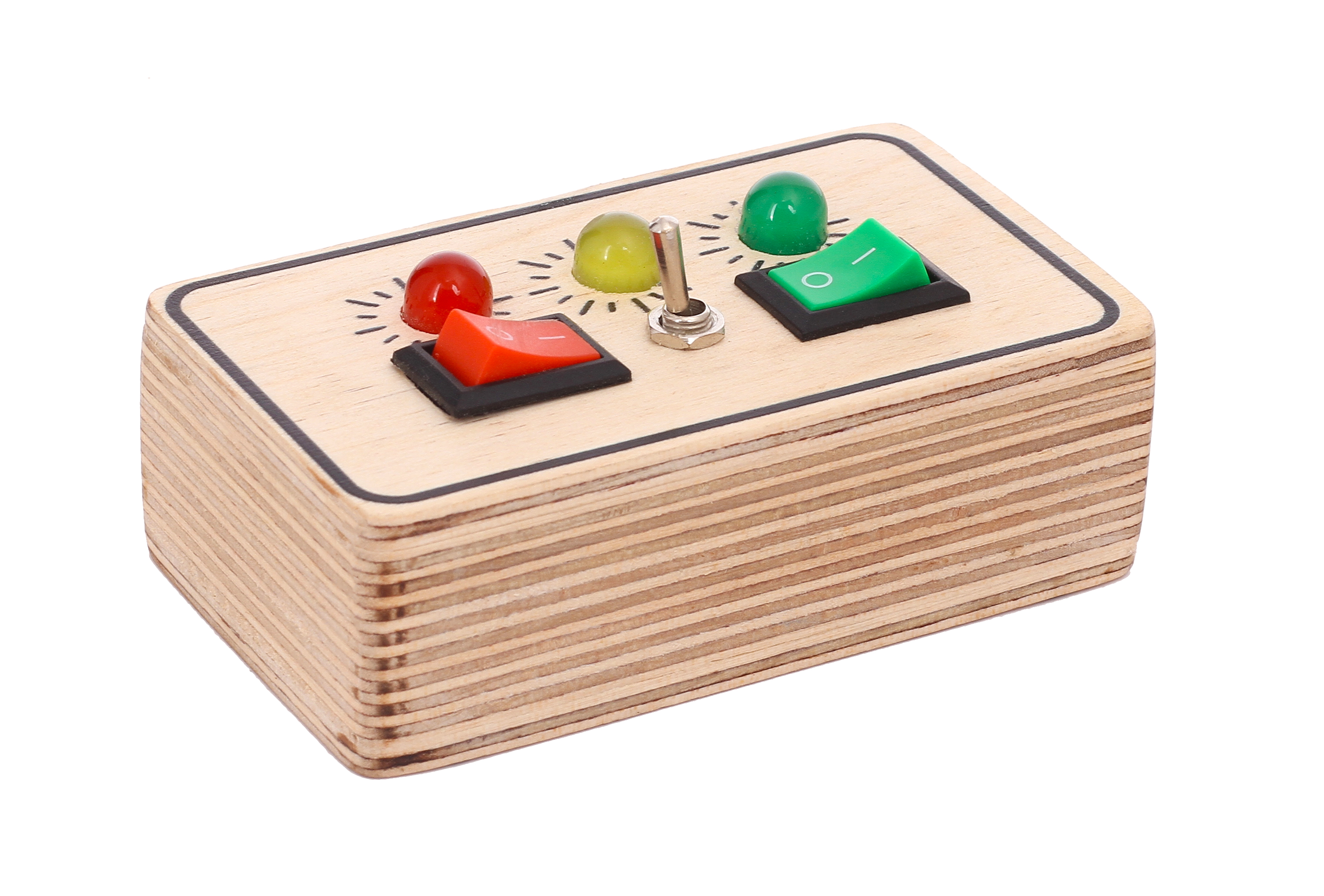 Bakiau Mini Spark – Electric Busy Board for Babies 6 Months+ | 3 LEDs & 3 Switches (2 Switch + 1 Toggle) | Montessori Sensory Toy | Safe & Travel-Friendly Wooden Activity Board for Early Motor Skills