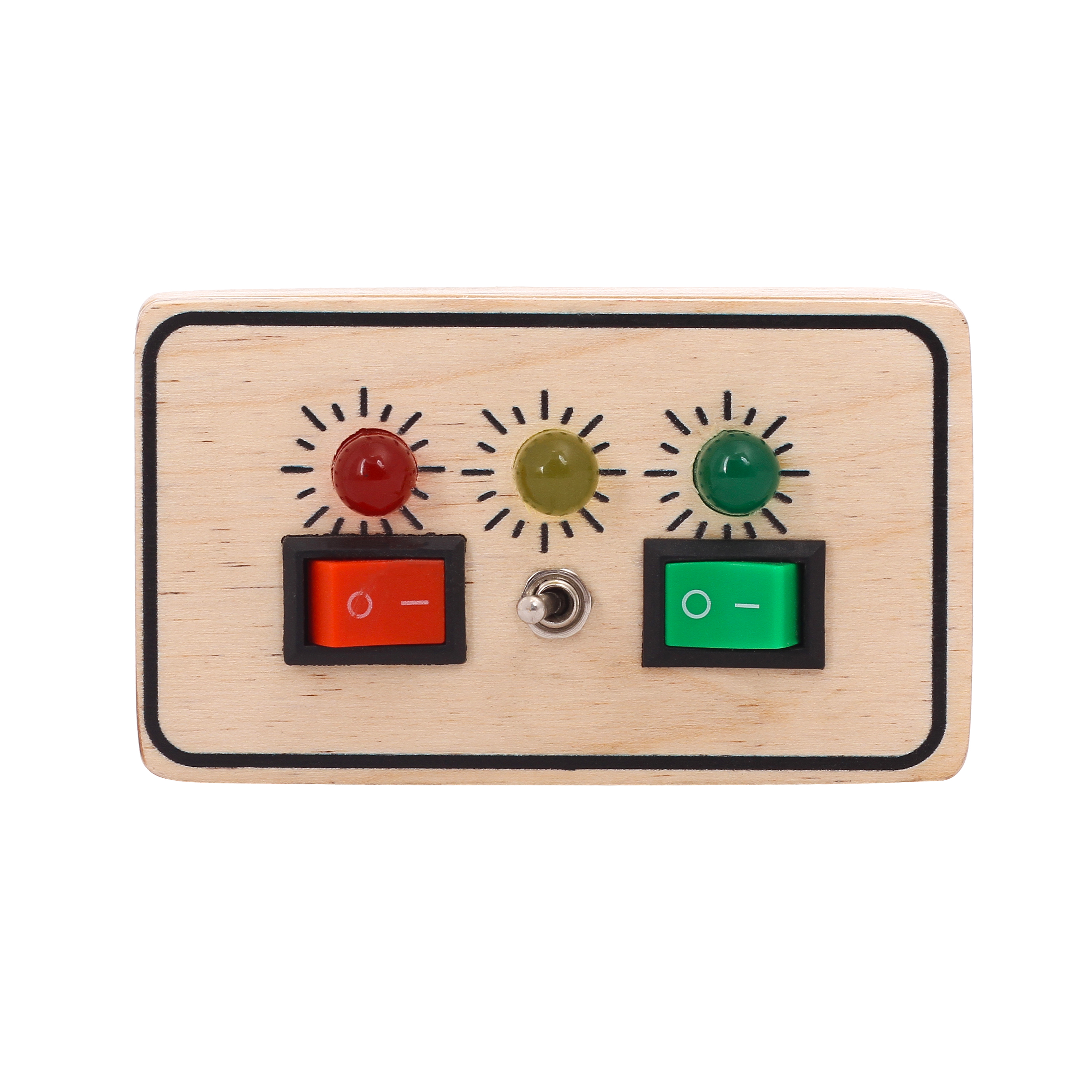Bakiau Mini Spark – Electric Busy Board for Babies 6 Months+ | 3 LEDs & 3 Switches (2 Switch + 1 Toggle) | Montessori Sensory Toy | Safe & Travel-Friendly Wooden Activity Board for Early Motor Skills