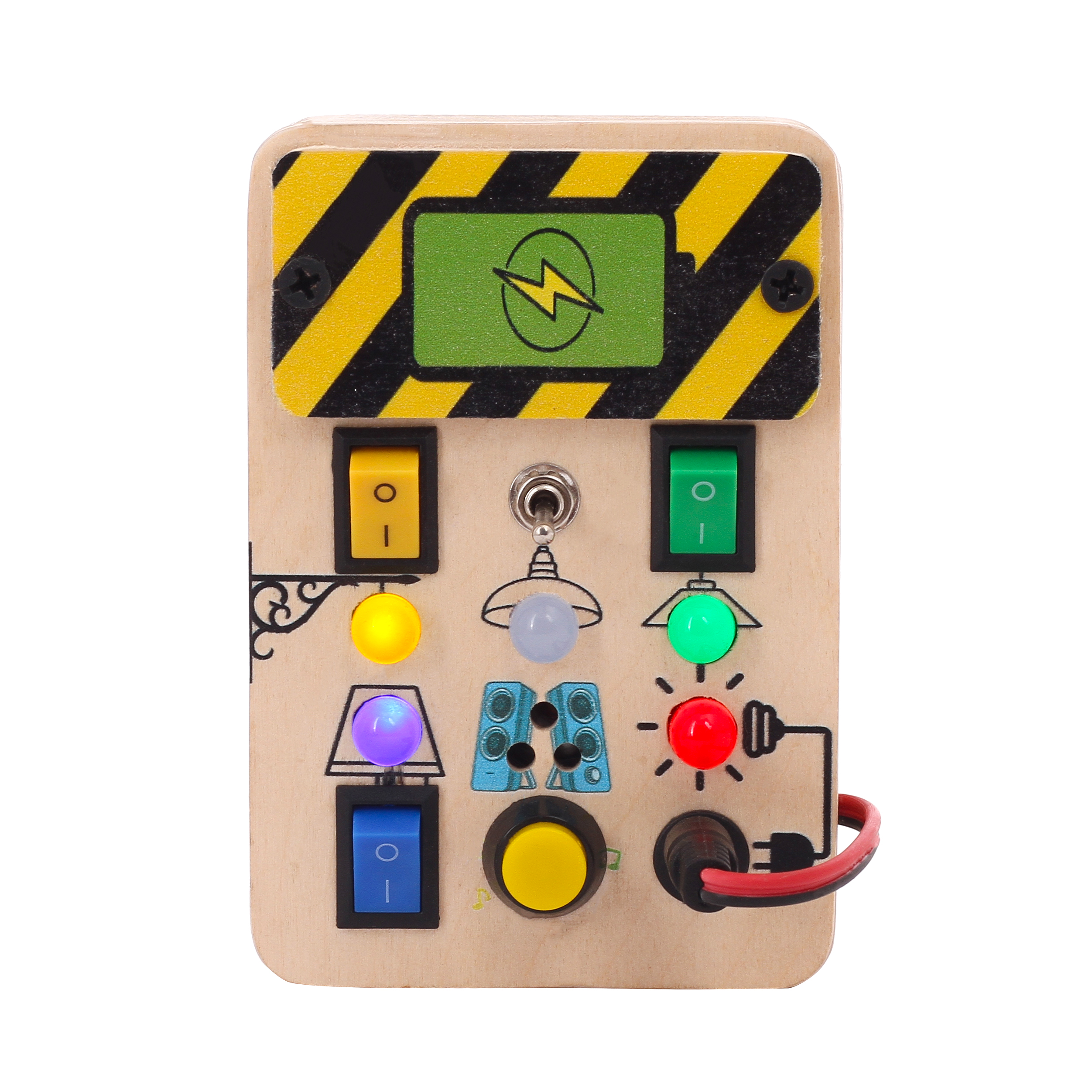 Bakiau ActionPad  – Electric Busy Board with 5 Lights, 6 Buttons & 1 Music Rhythm | Plug, Toggle, Switch, Push Buttons | Montessori Sensory Toy for Kids | Safe Wooden Activity Board | Ages 6 Months+