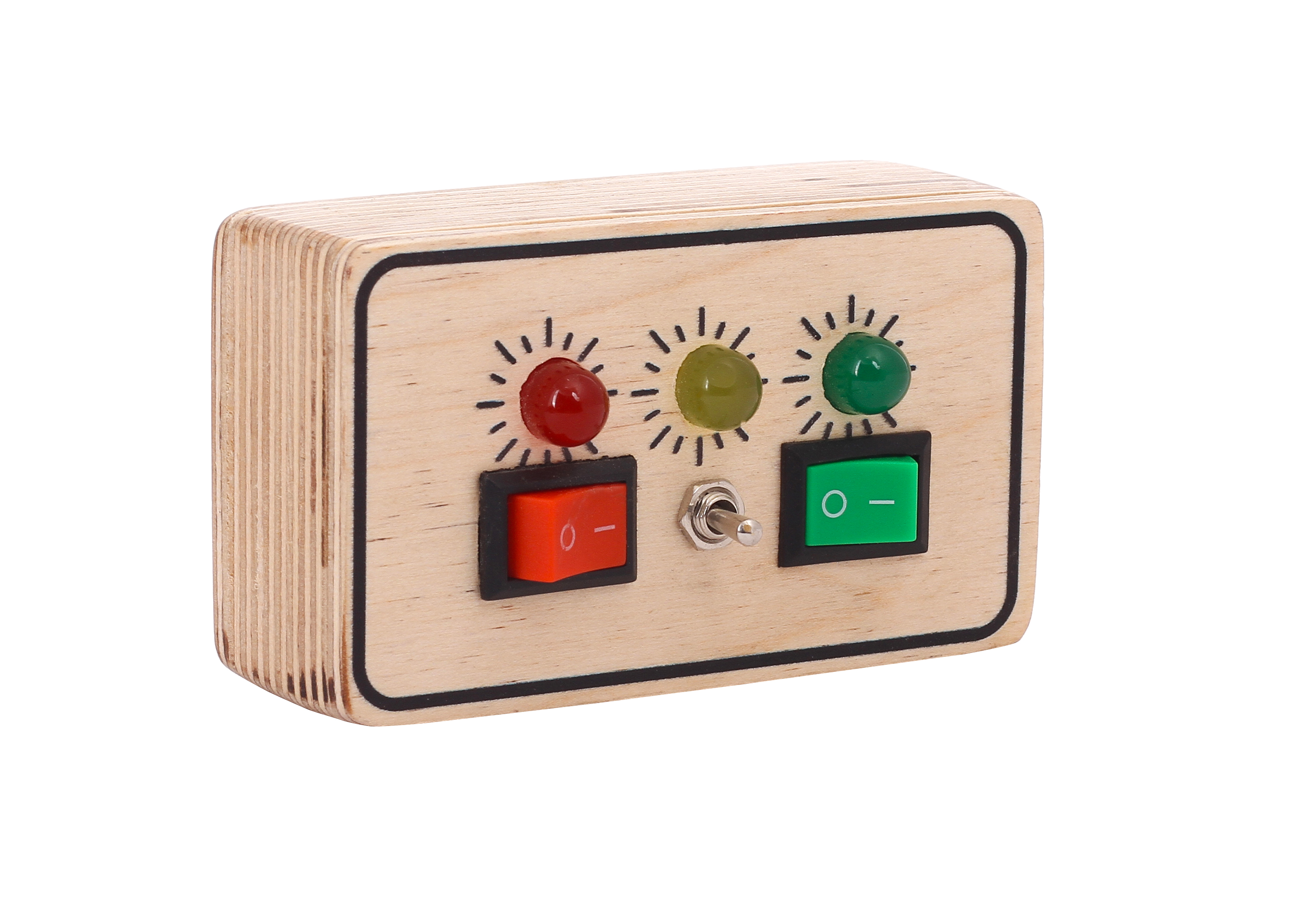 Bakiau Mini Spark – Electric Busy Board for Babies 6 Months+ | 3 LEDs & 3 Switches (2 Switch + 1 Toggle) | Montessori Sensory Toy | Safe & Travel-Friendly Wooden Activity Board for Early Motor Skills