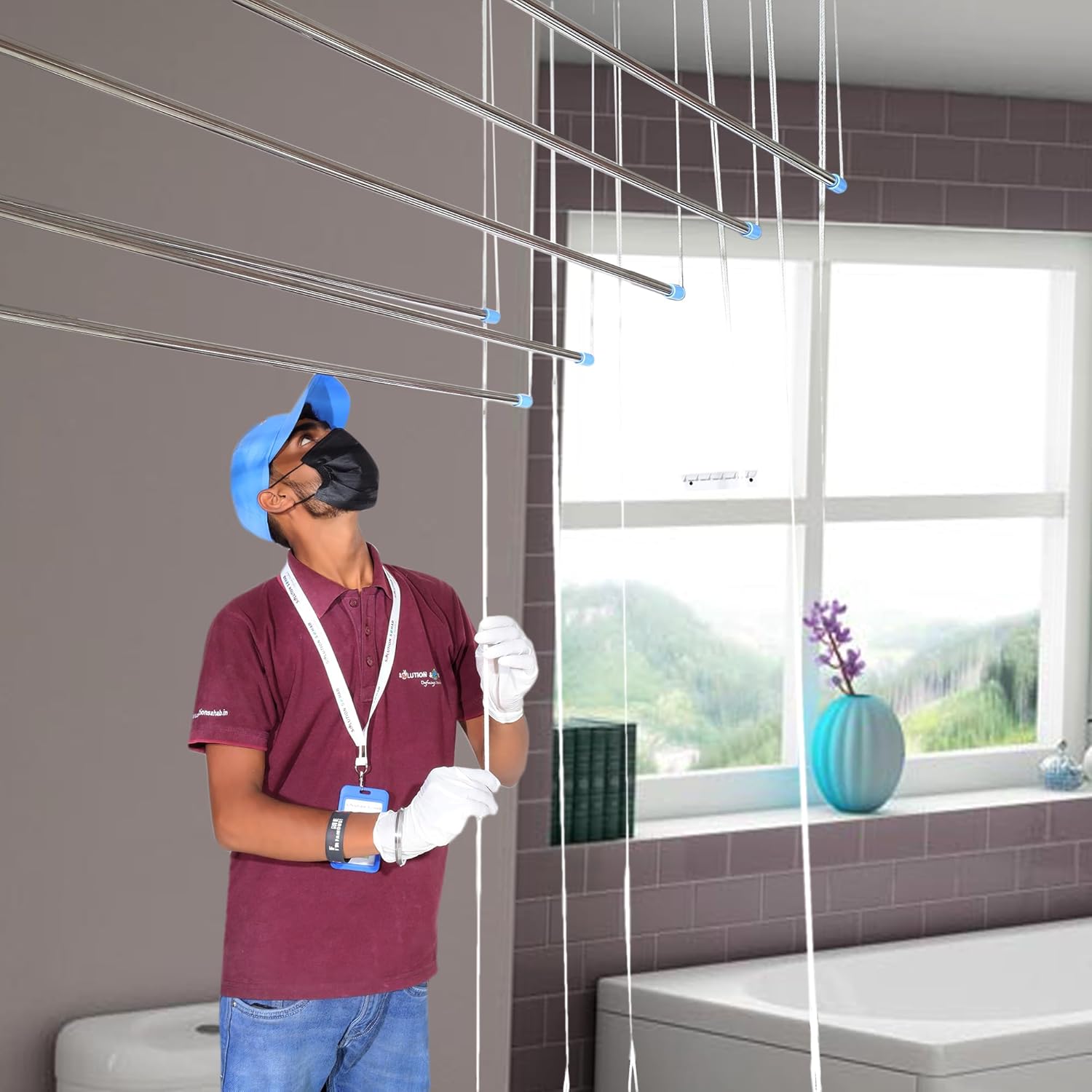 SOLUTION SAHAB Heavy Rust Proof Stainless Steel 6 Pipe X 6 Feet with UV Protected Nylon Ropes 4 Feet - Ceiling Mounted Individual dropdown Ceiling Cloth Dryer Stand | Cloth Drying Stand for Balcony 