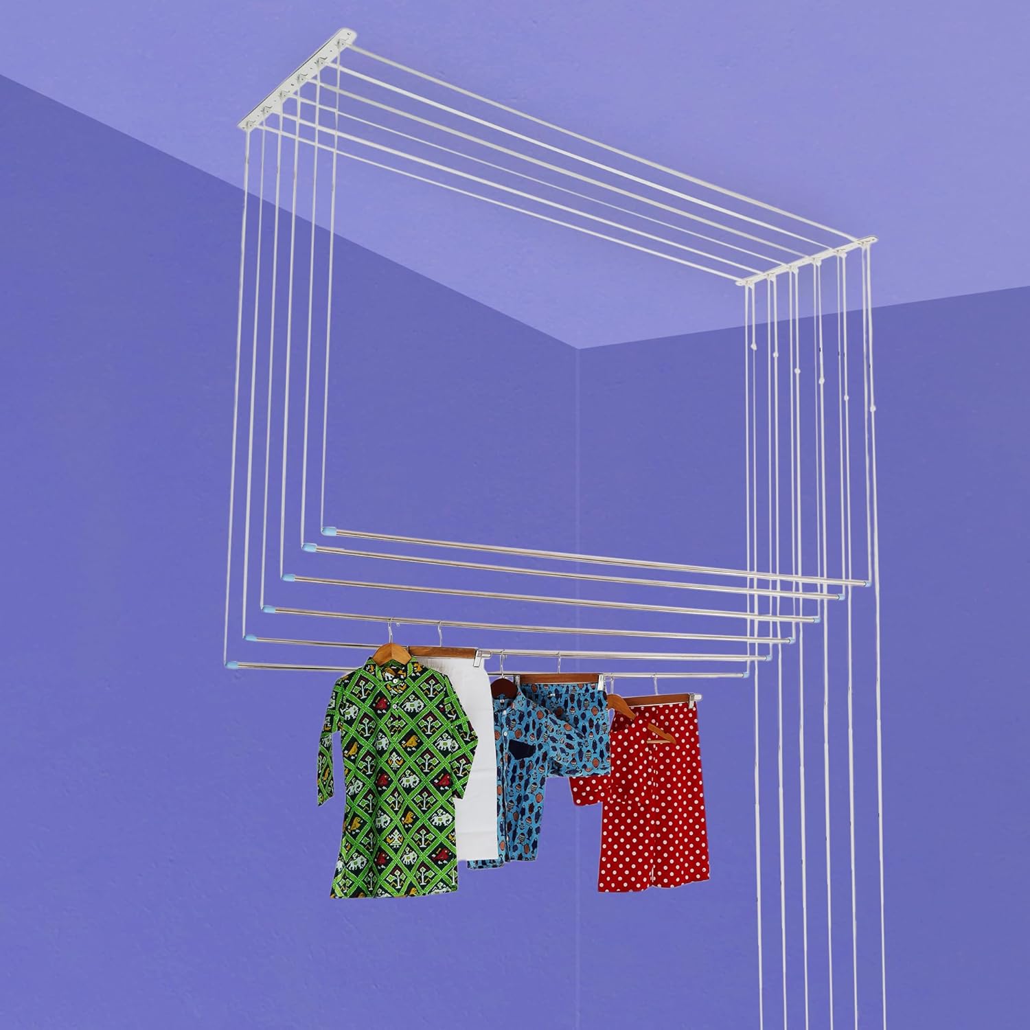 SOLUTION SAHAB Heavy Rust Proof Stainless Steel 6 Pipe X 6 Feet with UV Protected Nylon Ropes 4 Feet - Ceiling Mounted Individual dropdown Ceiling Cloth Dryer Stand | Cloth Drying Stand for Balcony 