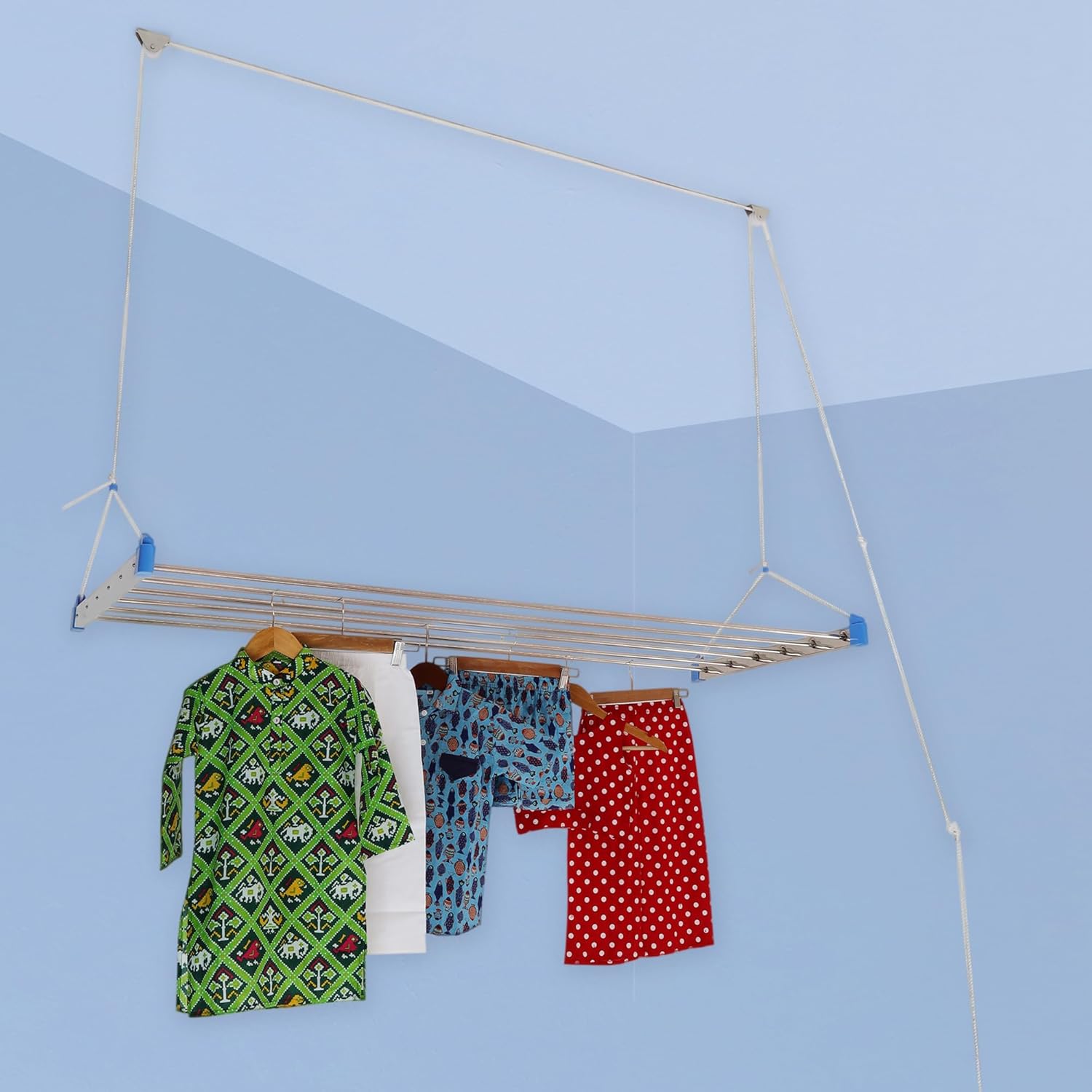 SOLUTION SAHAB Ceiling Mounted Full Frame Rust Proof 6 Pipe X 6 Feet with UV Protected Nylon Rope Stainless Steel Ceiling Cloth Dryer/Hanger/Cloth Drying Stand for Balcony/Clothes Stand for Drying 