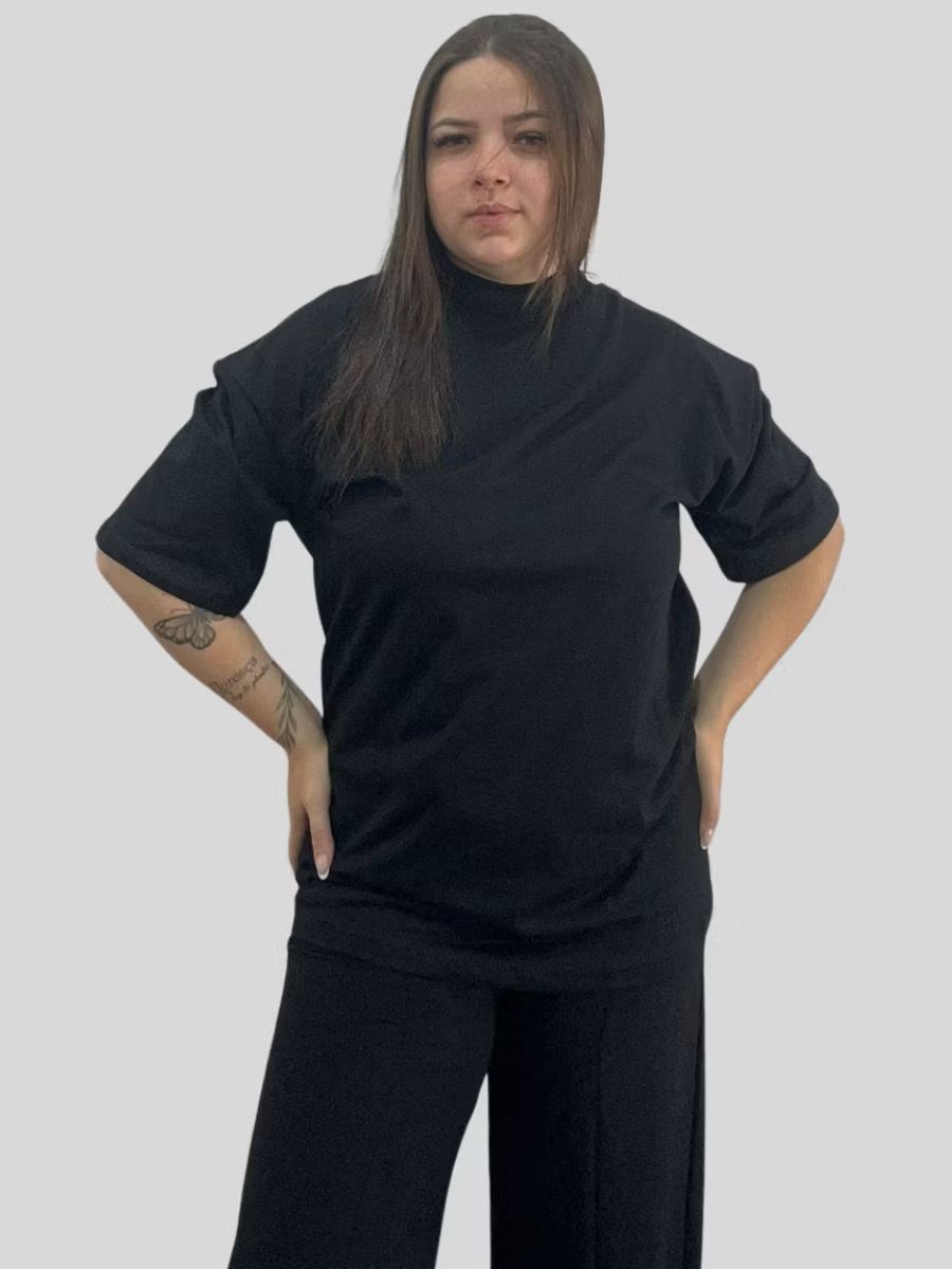 CAMISETA FIO 30.1 PENTEADA OVERSIZED PREMIUM PRETA FEMININA LISA