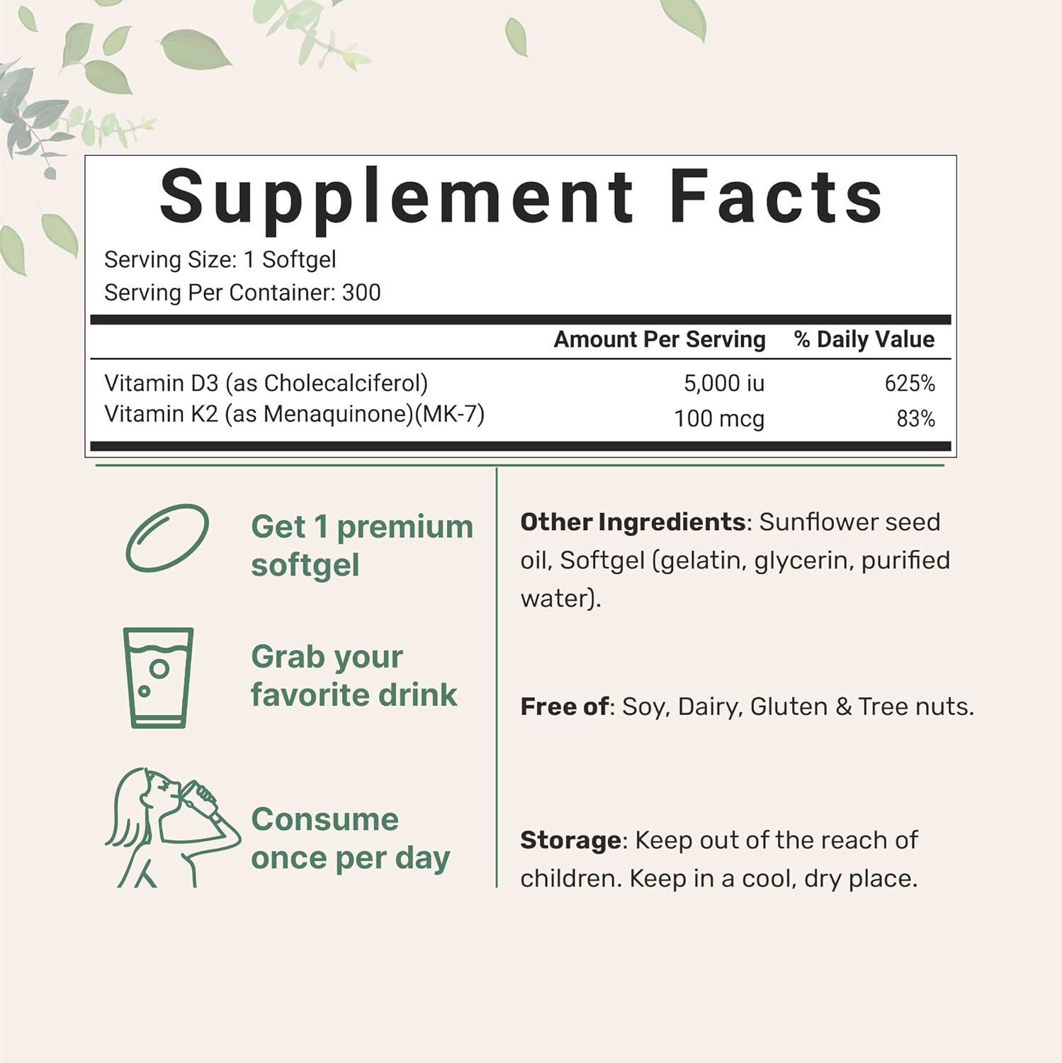 Vitamin D3 + K2 Softgels 300 Capsules