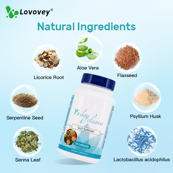 Lovovey 15-Day Gut & Colon Cleanse | Senna, Cascara, Psyllium | Caffeine-Free, Non-GMO | 30 Capsules 
