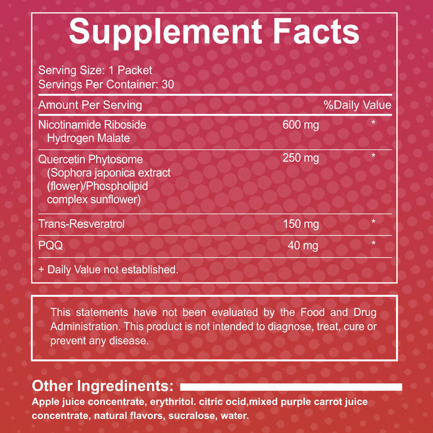1000mg NAD+ Berry Flavor Drink Mix for Skin Aging Support, Energy, and Focus - 30 Pack