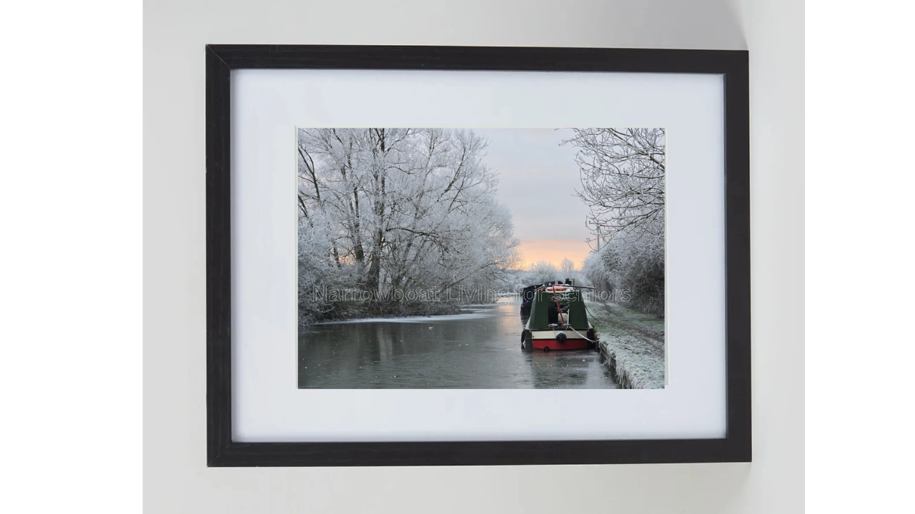 A4 Frosty Narrowboat Photo Print with frame in Landscape