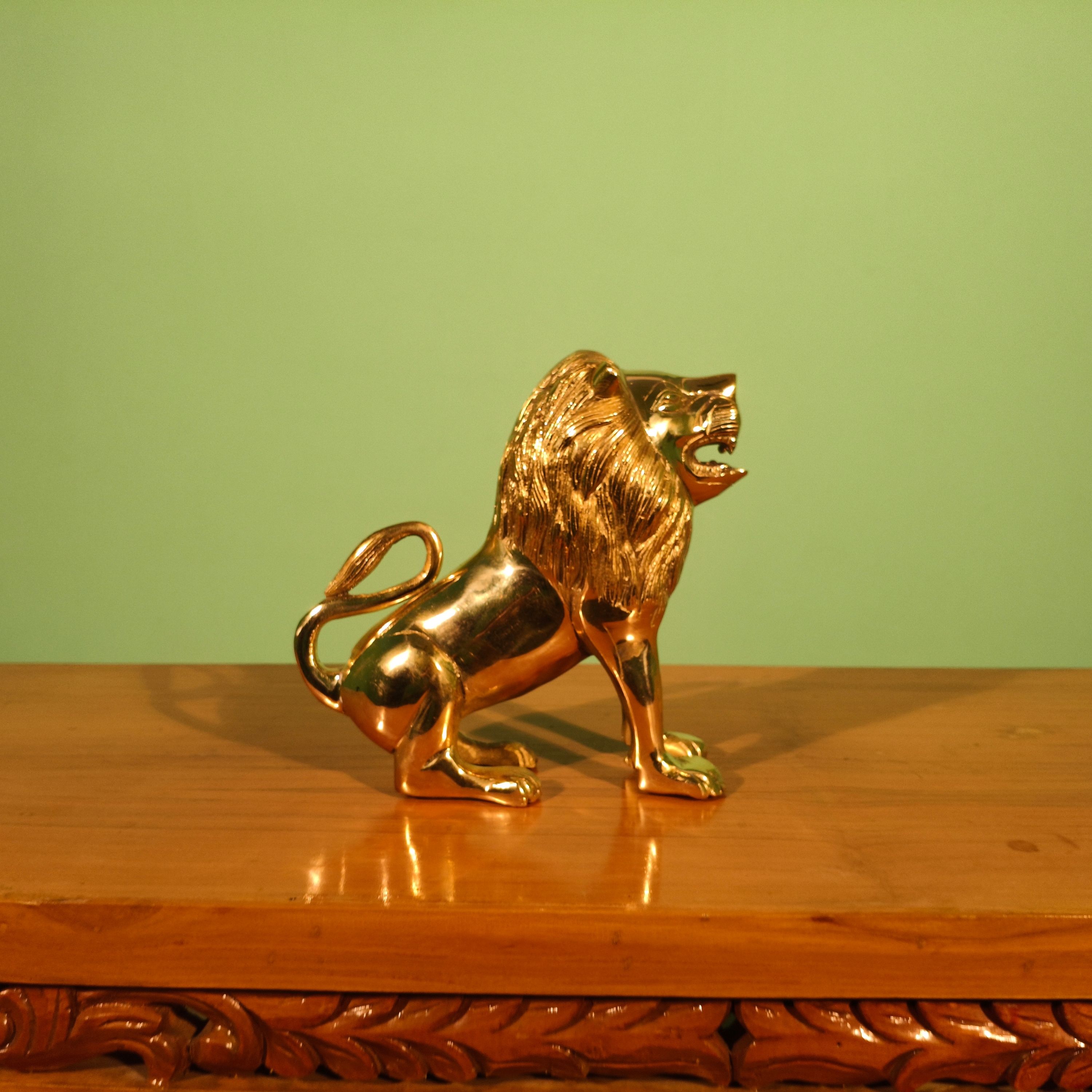Antiqar Lion Pure Brass Figurine | Handicraft Artwork | Superfine Golden Finish | Home & Office Décor | Ideal for Gifting | Height 20cm