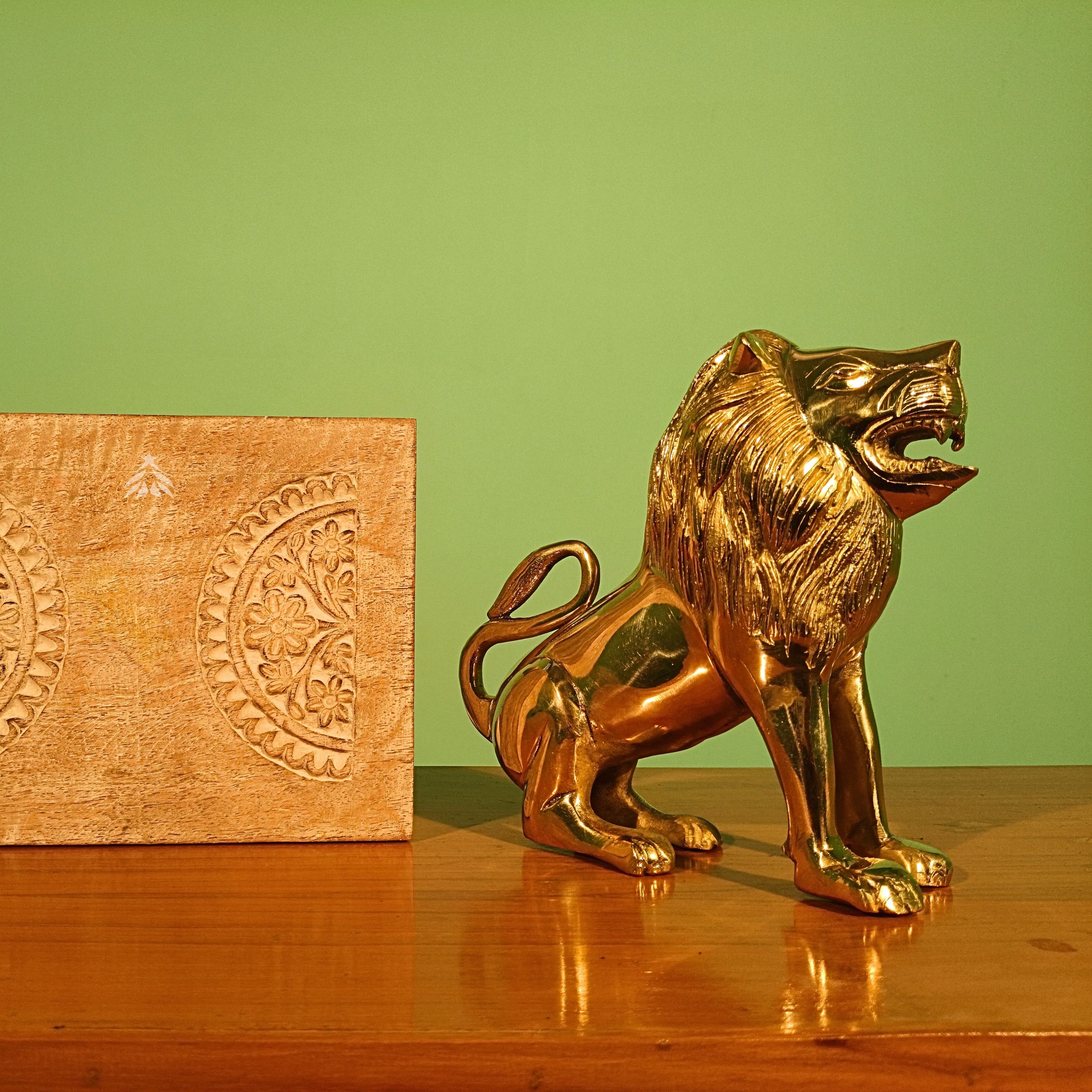 Antiqar Lion Pure Brass Figurine | Handicraft Artwork | Superfine Golden Finish | Home & Office Décor | Ideal for Gifting | Height 20cm