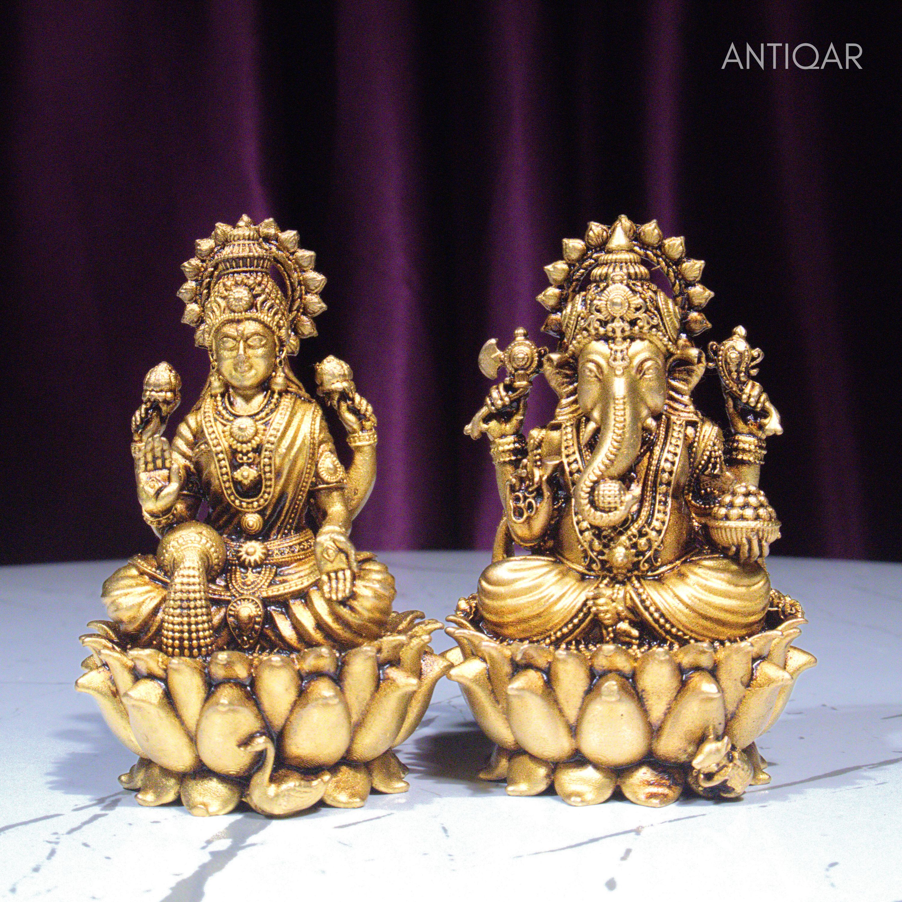 Brass Ganesh Laxmi Pair Idol - 7.5cm | Antique Finish | Spiritual Idol for Temple & Home Decor