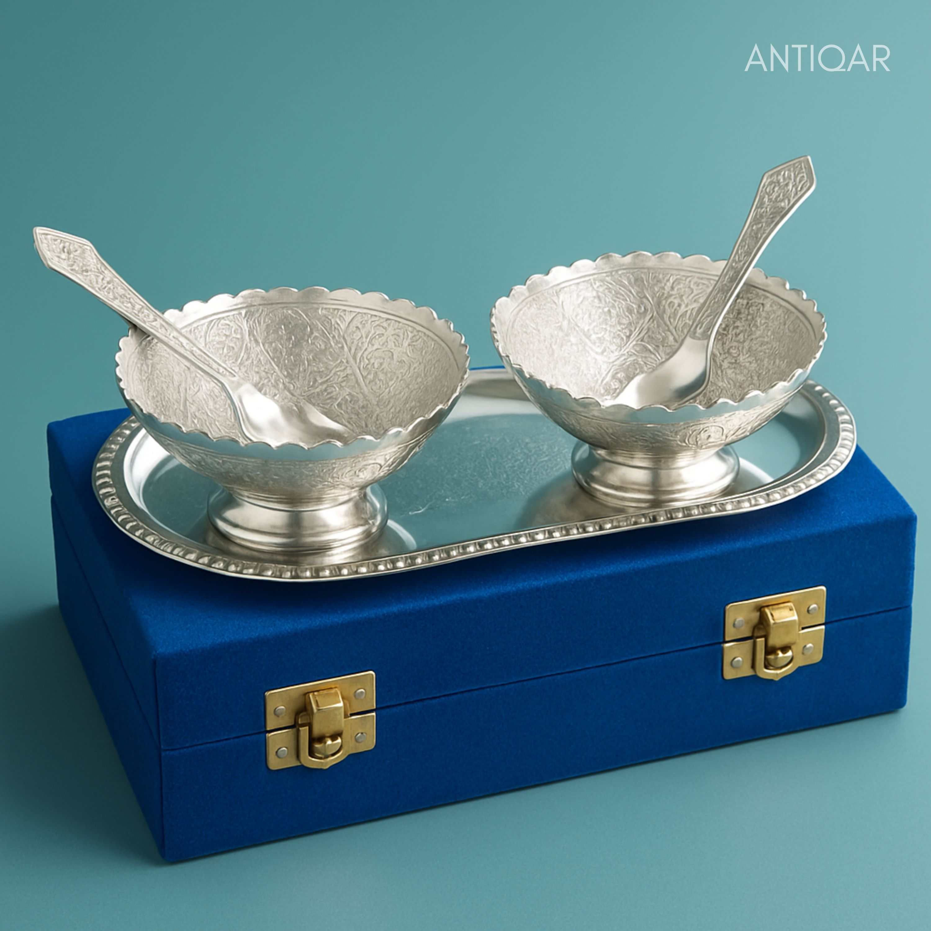 Royal Dry Fruit & Paan Dan Serving Set | Silver Plated | Blue Velvet Box | Set of 5 | Handcrafted Artistry | Festive & Decorative Showpiece