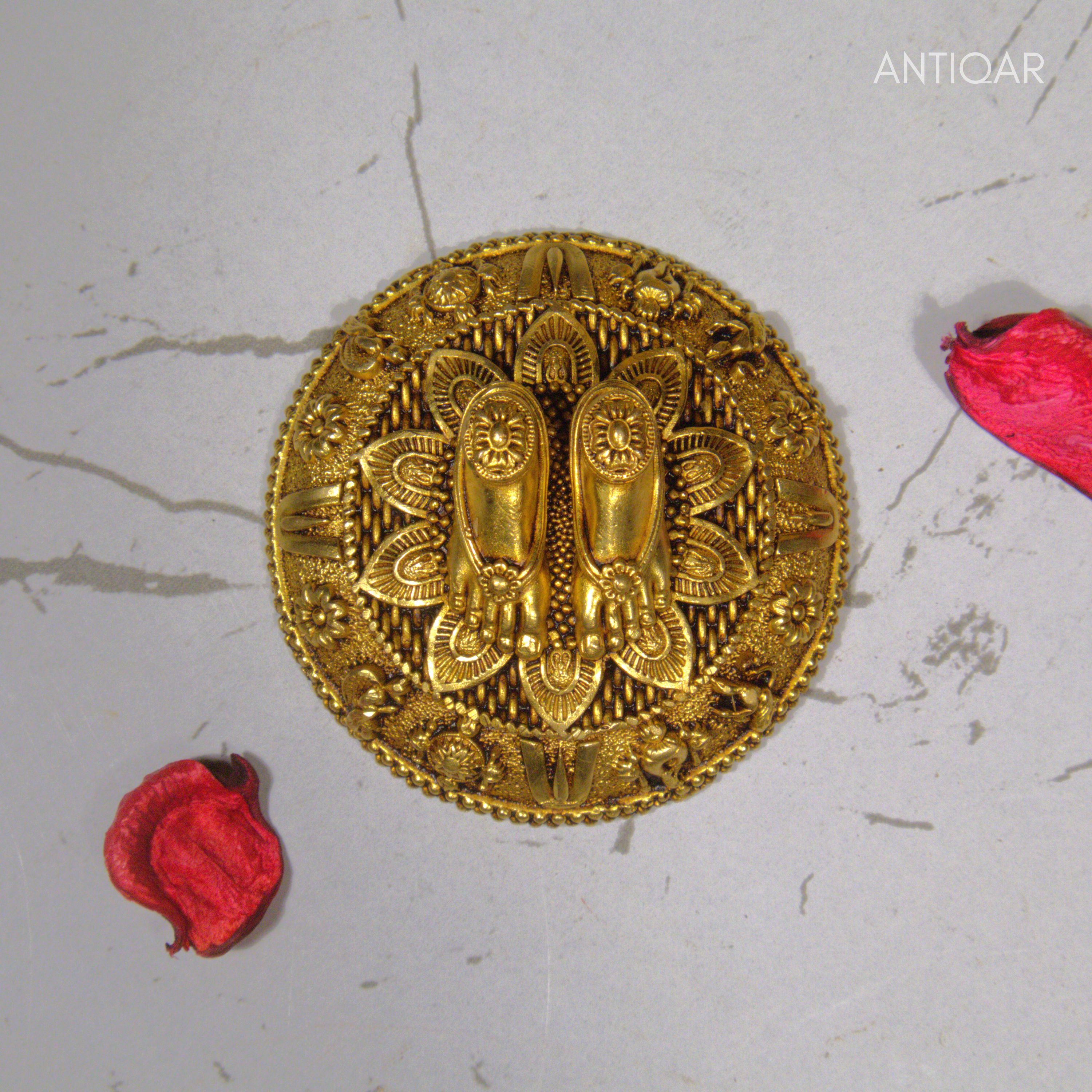 Designer Brass Charan Paduka 2.5 cm | Yellow Antique Finish | Handcrafted Spiritual Symbol for Temple & Home Decor