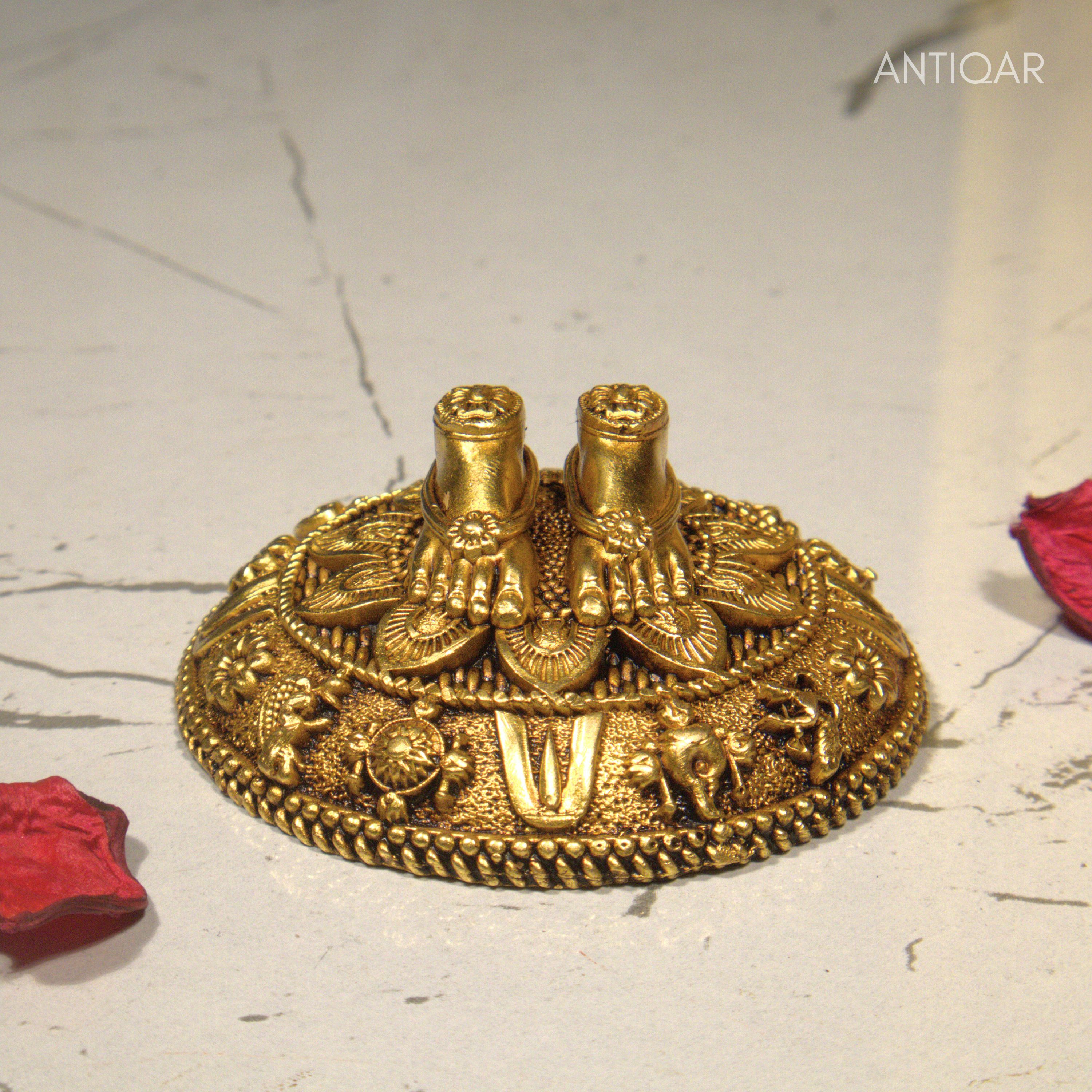 Designer Brass Charan Paduka 2.5 cm | Yellow Antique Finish | Handcrafted Spiritual Symbol for Temple & Home Decor