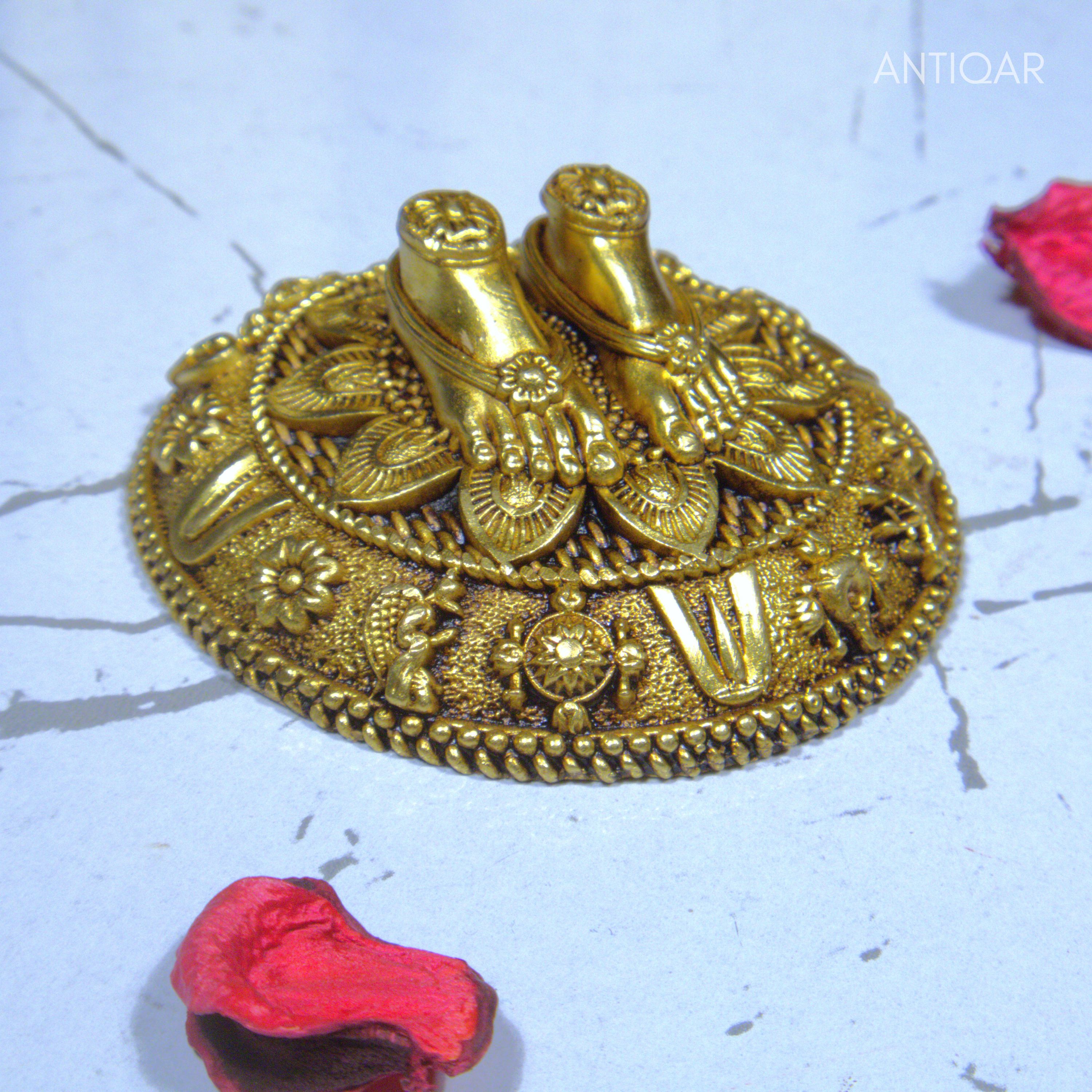 Brass Charan Paduka 2 cm | Yellow Antique Finish | Spiritual Symbol for Temple & Home Decor