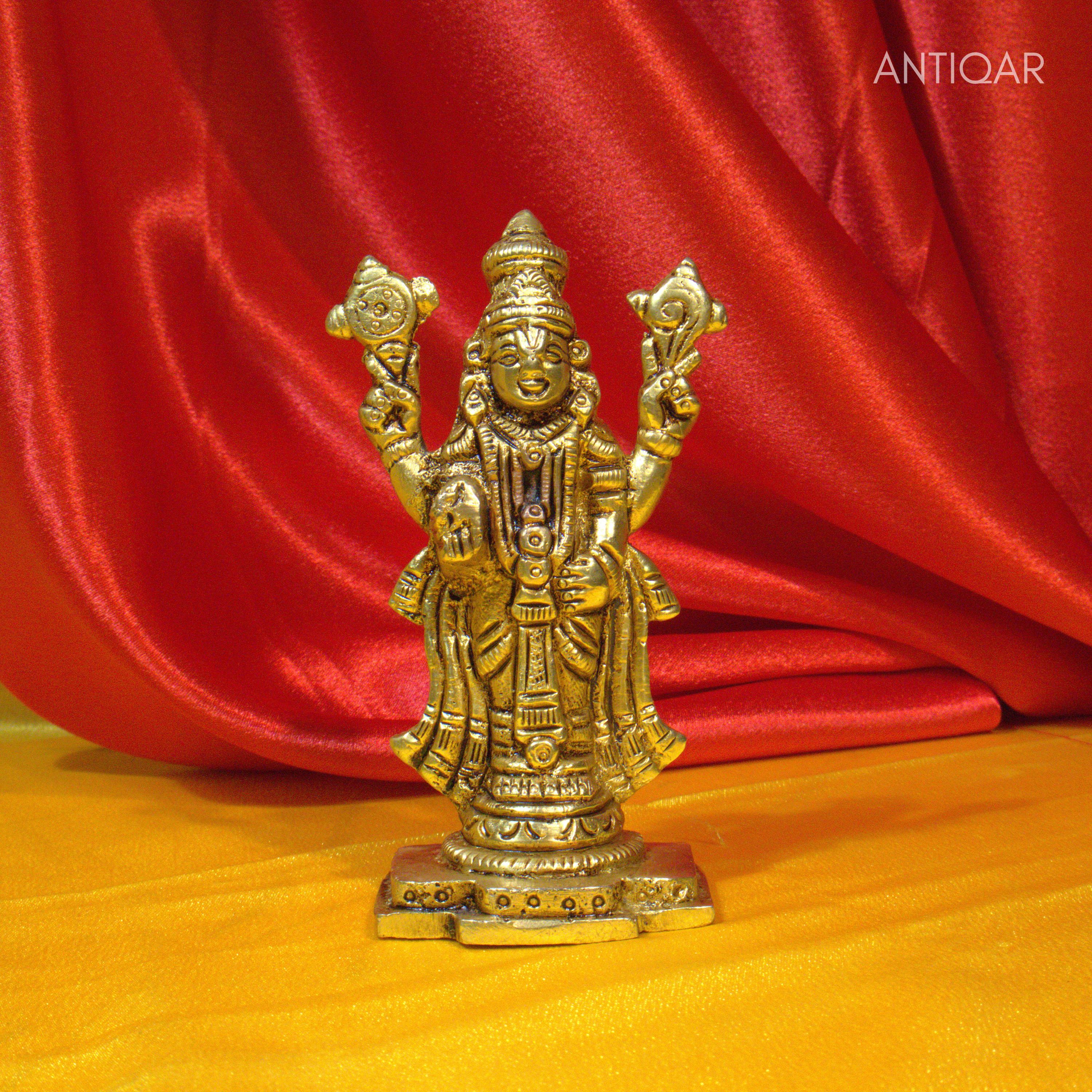 Brass Tirupathi Balaji Idol - 11.5cm | Antique Golden Finish | Handcrafted Idol for Temple, Home & Car Dashboard