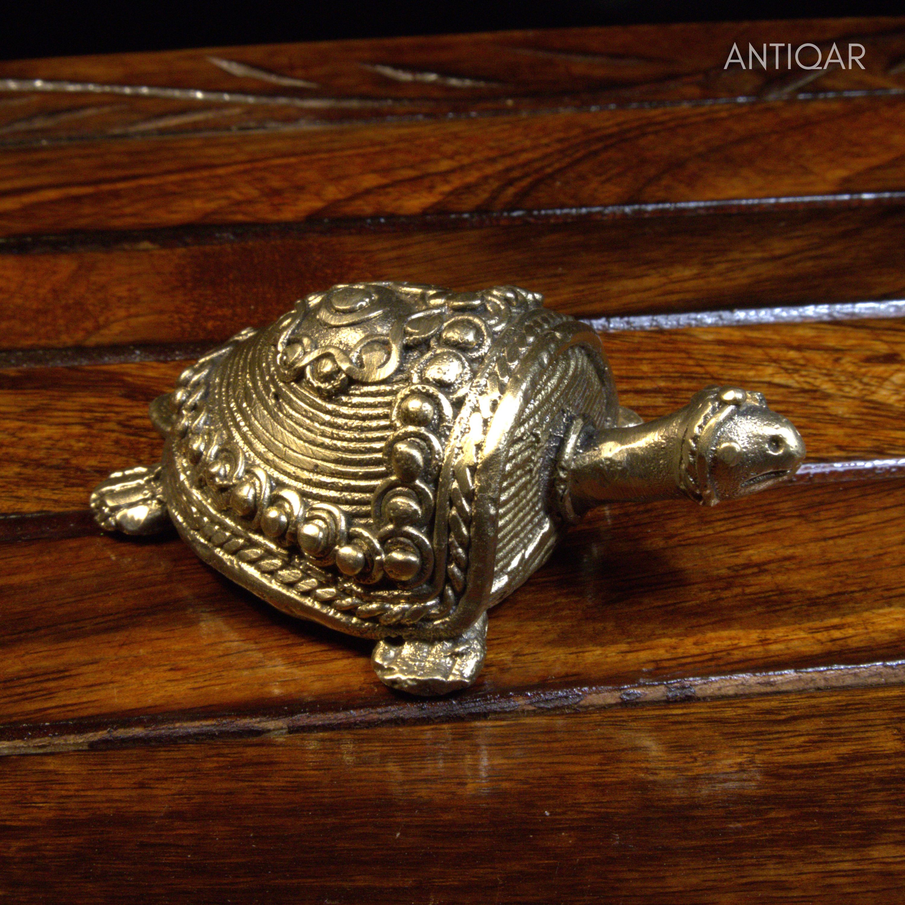 Dhokra Art Brass Turtle  3 cm | Golden Antique Finish | Tribal Handcrafted Showpiece for Temple, Home & Table Decor