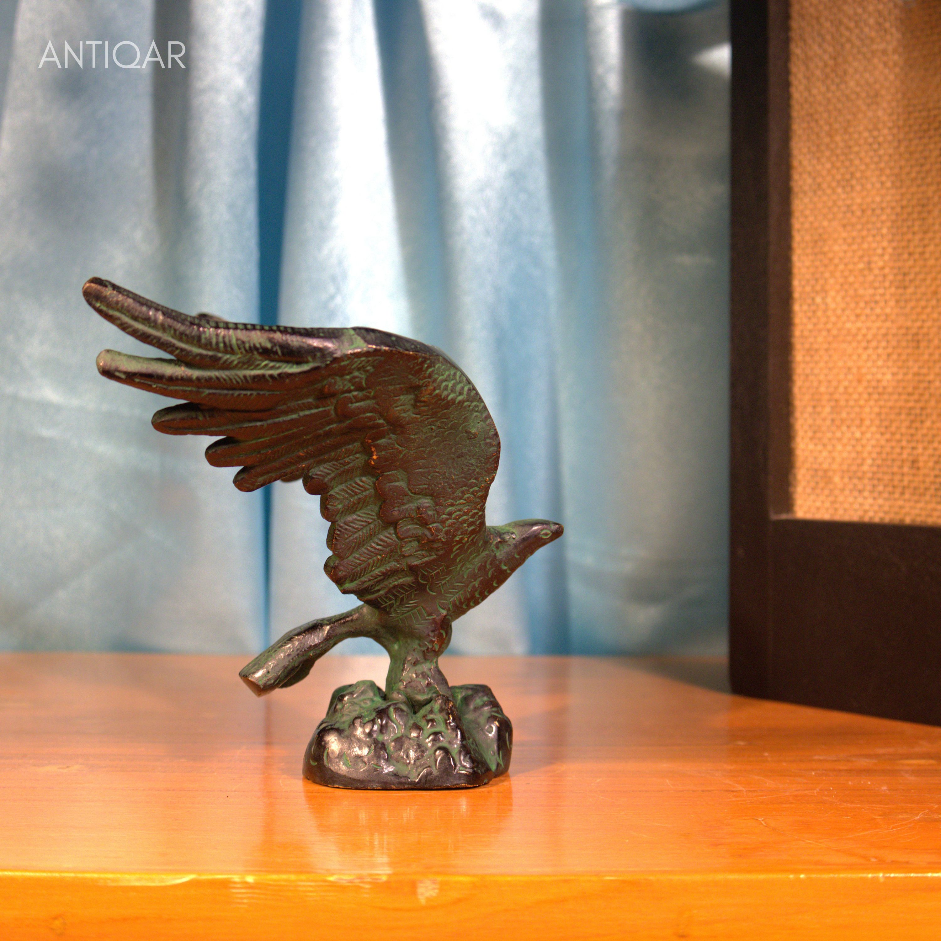 Brass Eagle with Spread Wing - 12cm | Black Green Patina Finish | Handcrafted Showpiece for Home Table Decor
