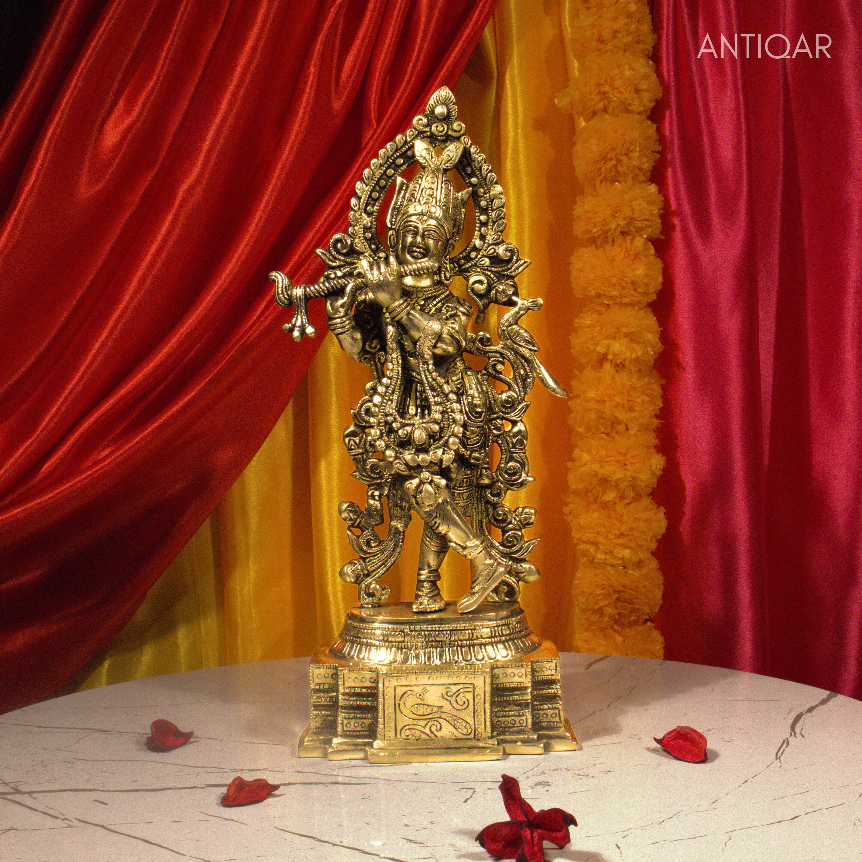 Antiqar Lord Krishna Playing Flute | Antique Brass Statue | Handcrafted Artwork | Home & Office Décor | Ideal for Gifting & Spiritual Blessings
