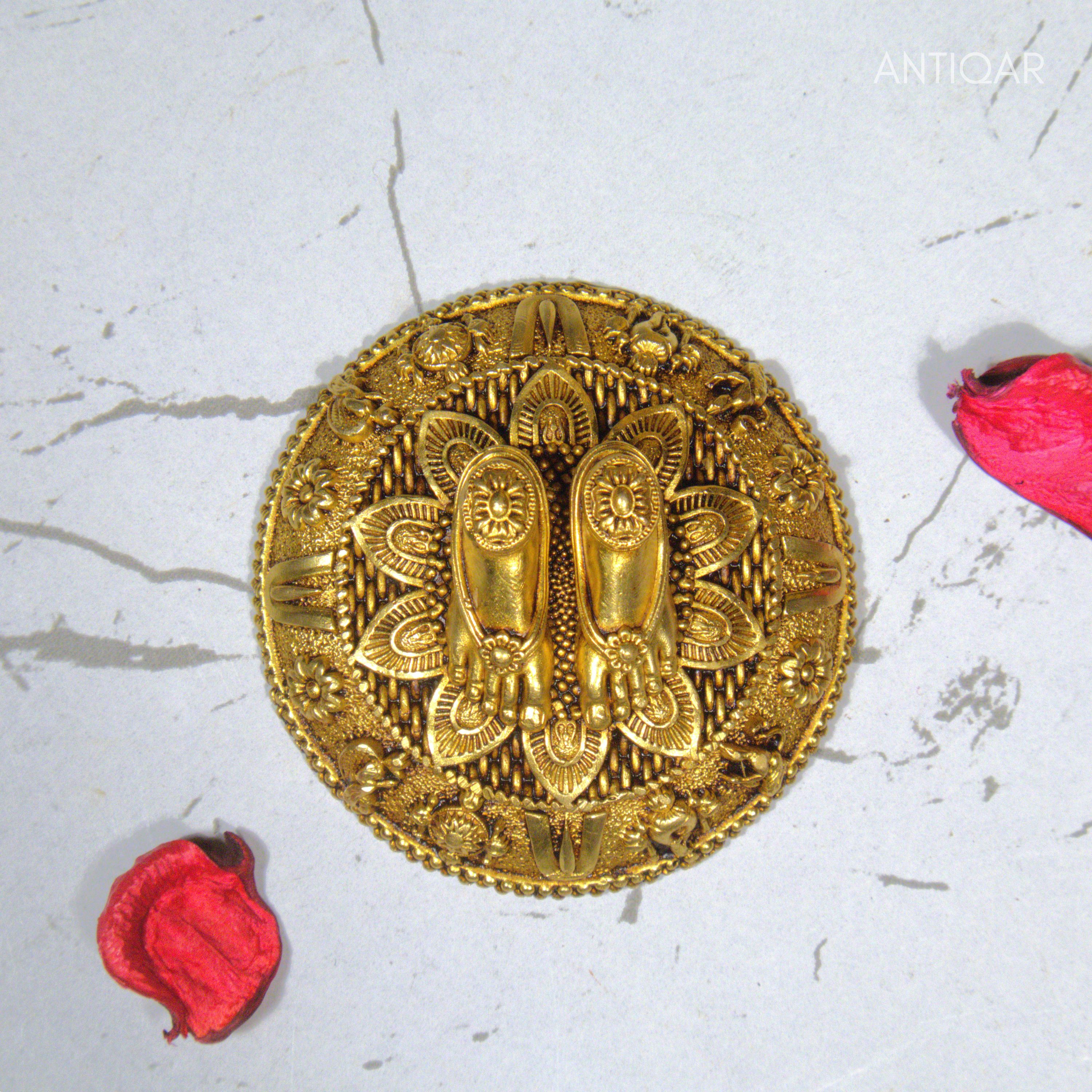Brass Charan Paduka 2 cm | Yellow Antique Finish | Spiritual Symbol for Temple & Home Decor