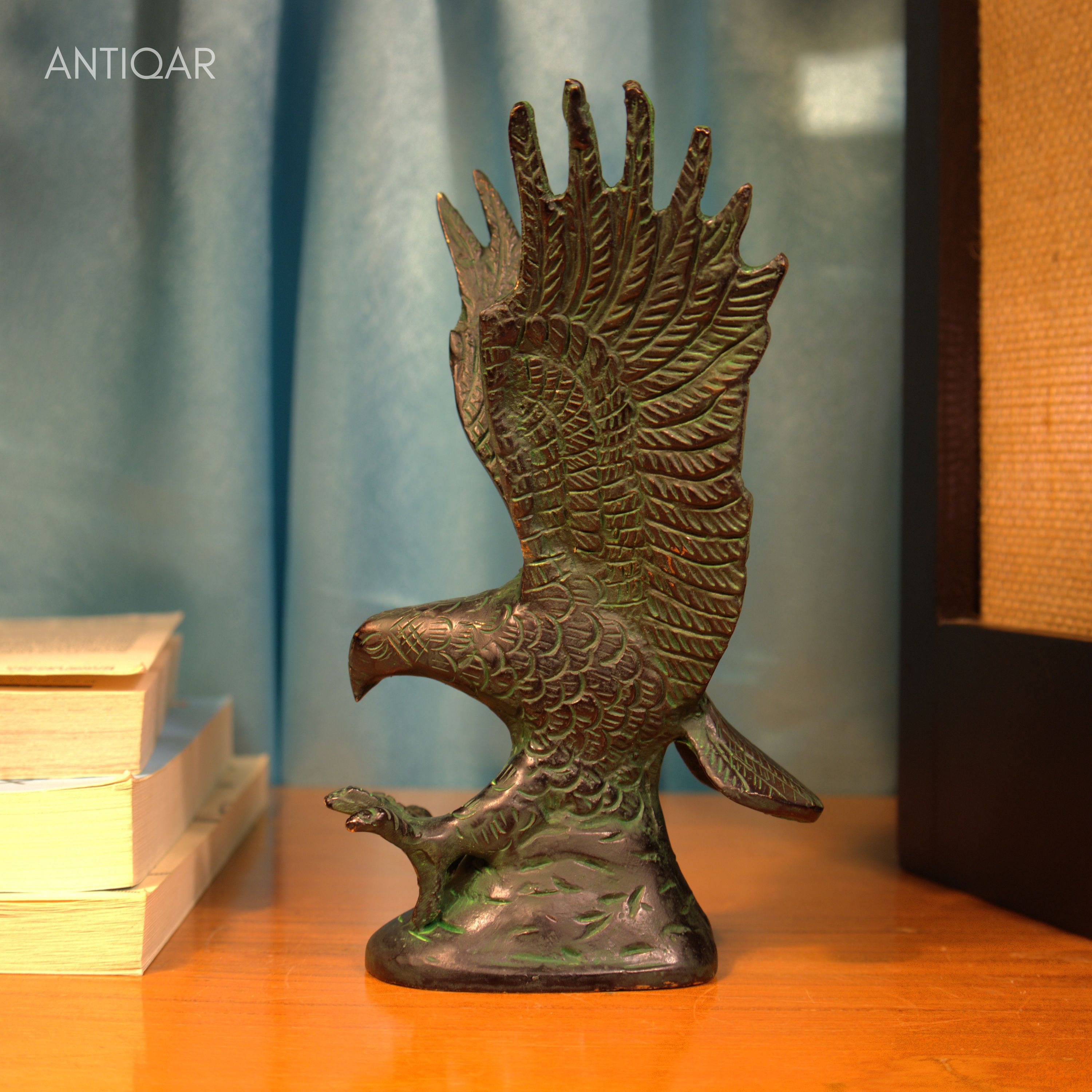 Brass Eagle with Upward Wing - 15.5cm | Green Patina Finish | Handcrafted Showpiece for Home Table Decor