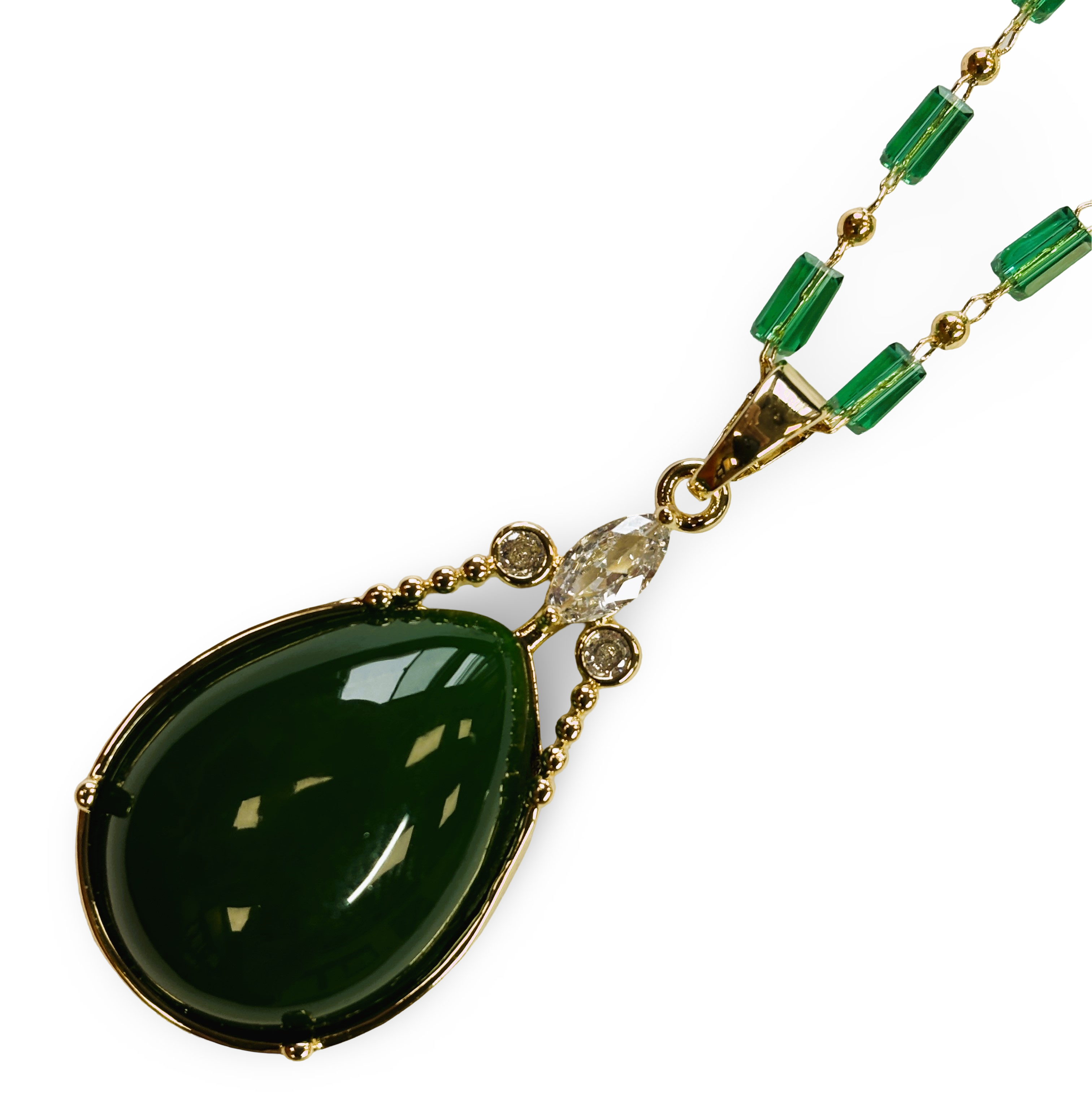 Elegant Large Green Gemstone Necklace with Jade Chain