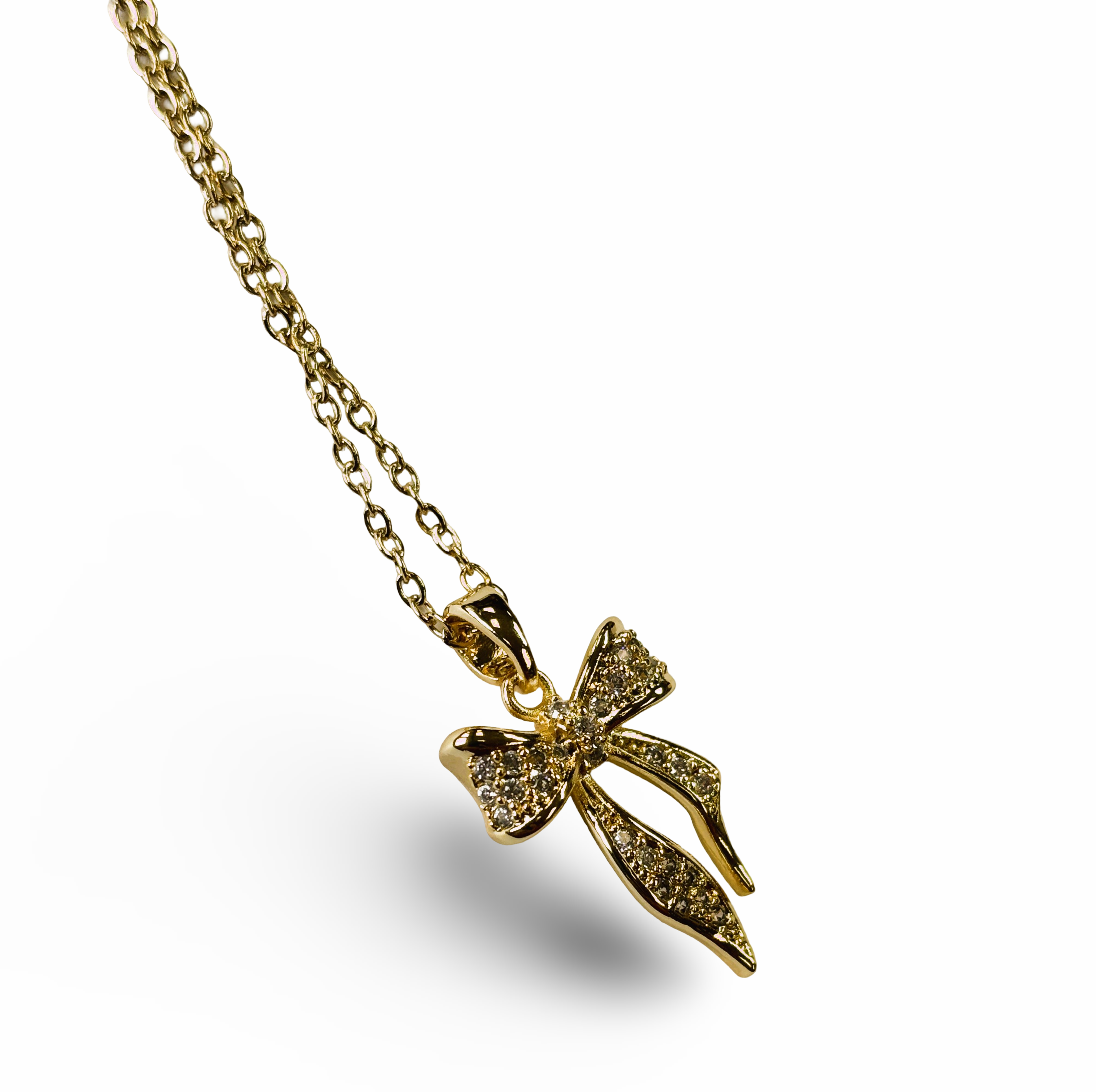 Large Gold Bow Pendant Necklace with Zircon Sand Coat