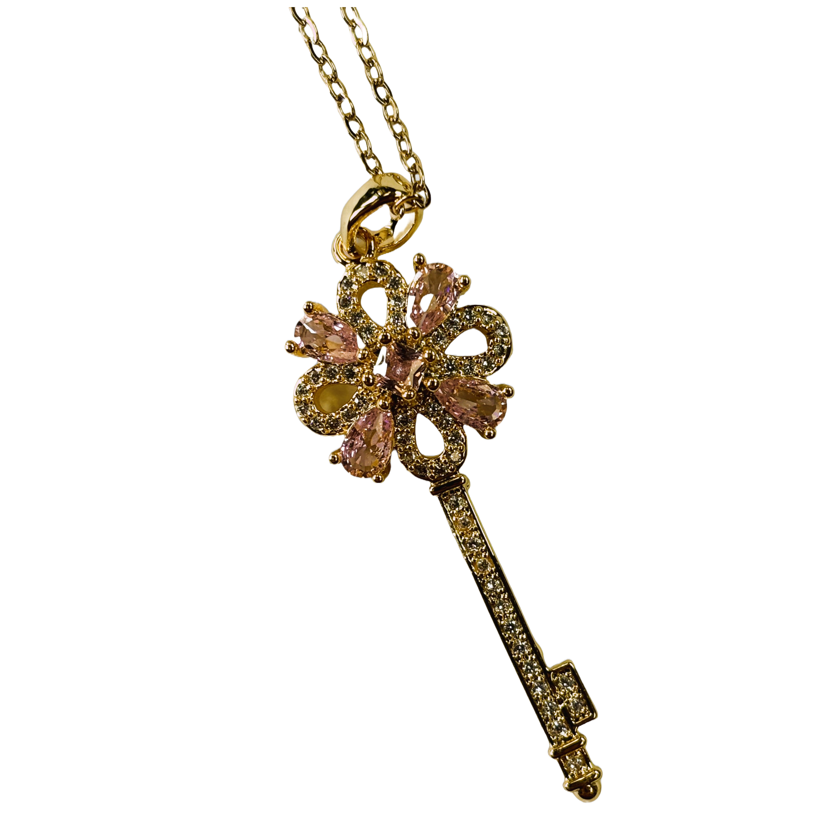 Gold Key with Pink Ruby Pendant Necklace