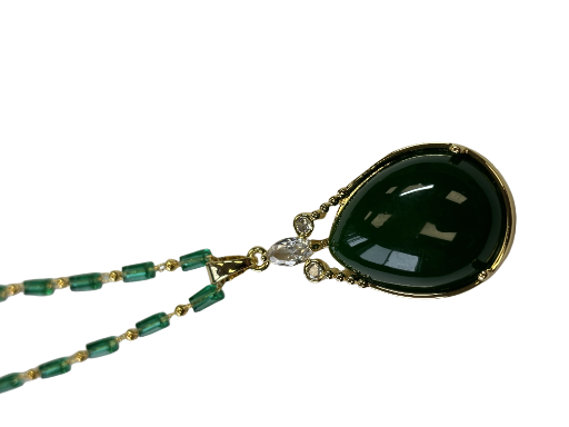 Elegant Large Green Gemstone Necklace with Jade Chain