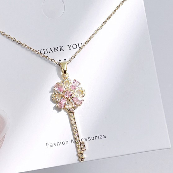 Gold Key with Pink Ruby Pendant Necklace
