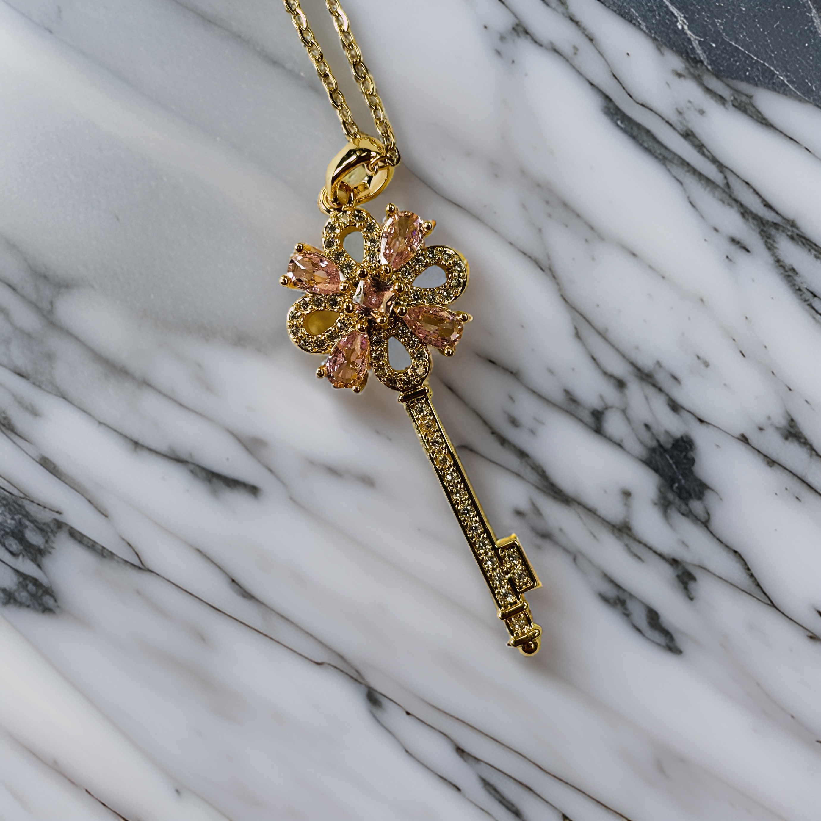 Gold Key with Pink Ruby Pendant Necklace