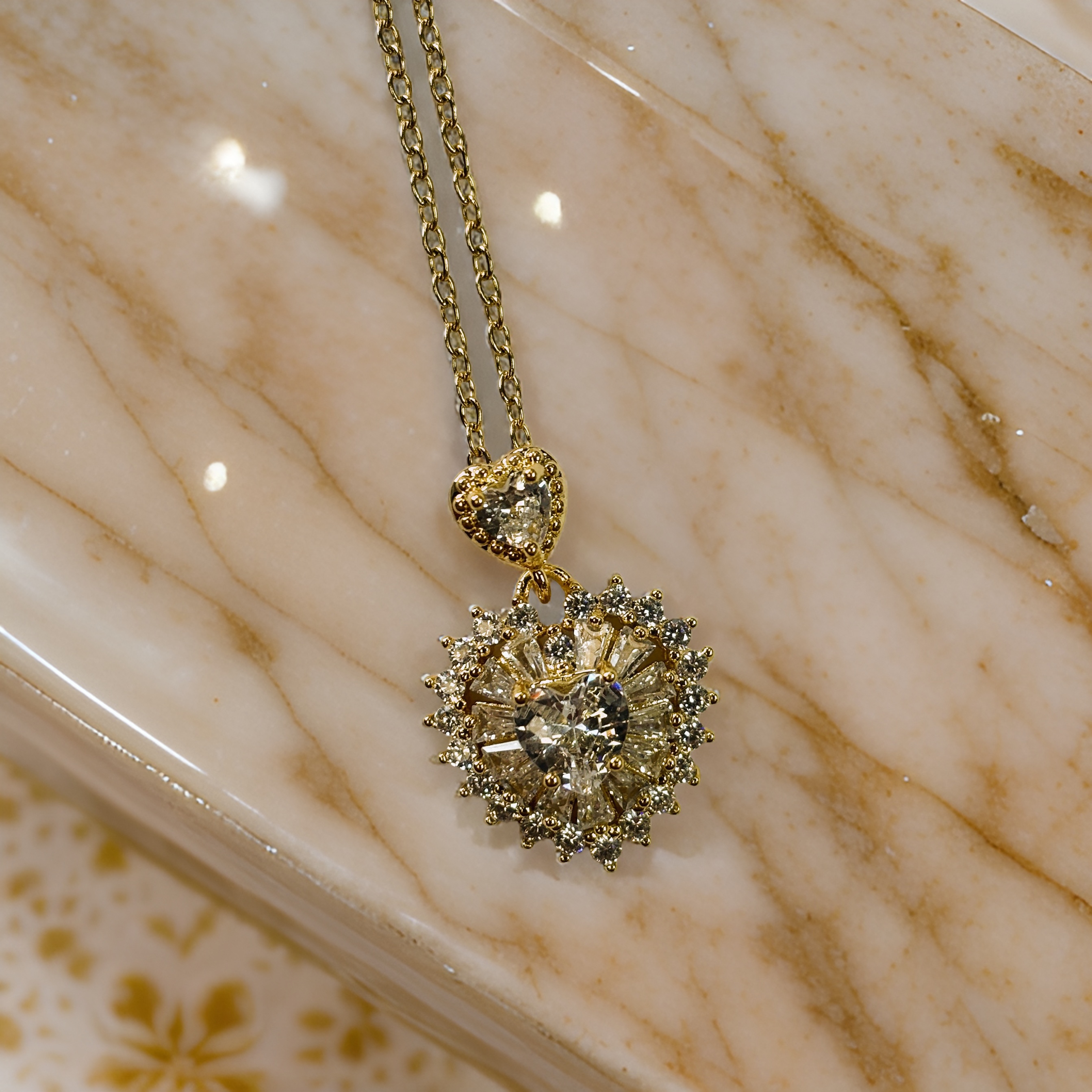 Gold Zircon Two Hearts Royal Symbol Pendant Necklace