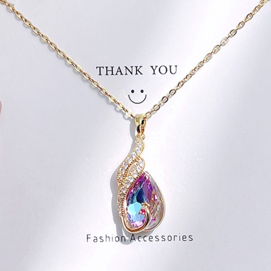 Gold Zircon Water Drop Shape Amethyst Pendant Necklace