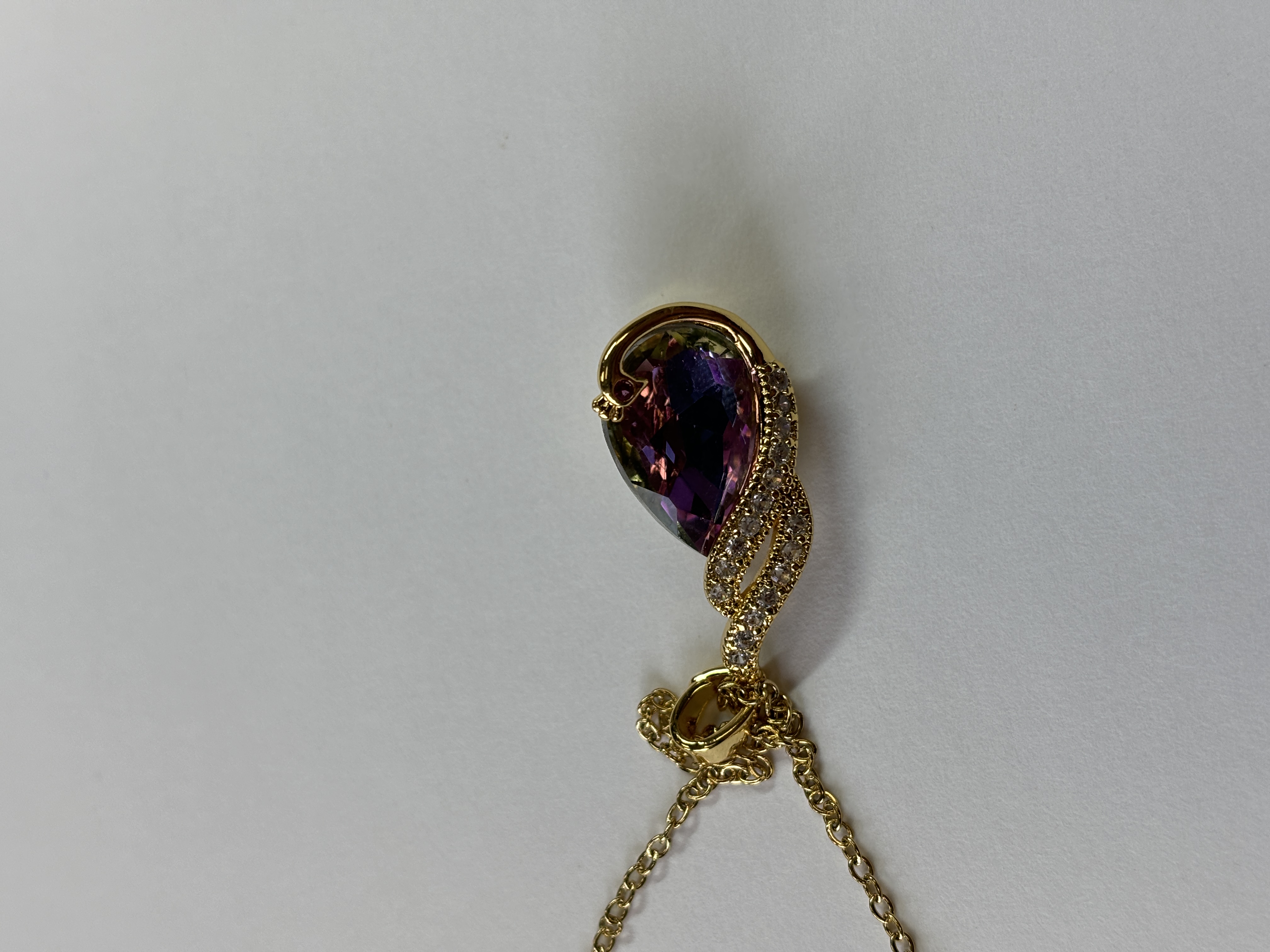 Gold Zircon Water Drop Shape Amethyst Pendant Necklace