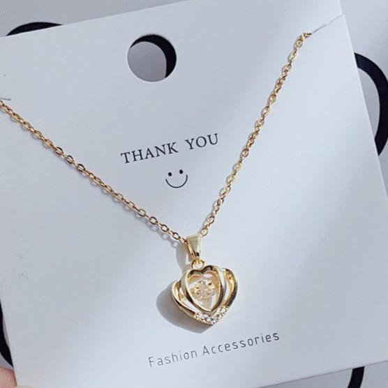 Gold Zircon Concentric Hearts with Round Cut Floater Pendant Necklace