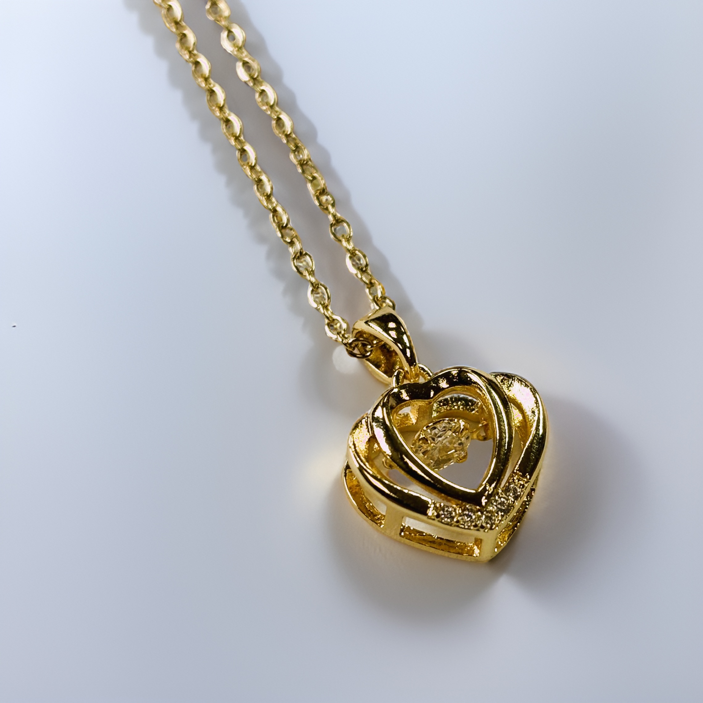 Gold Zircon Concentric Hearts with Round Cut Floater Pendant Necklace