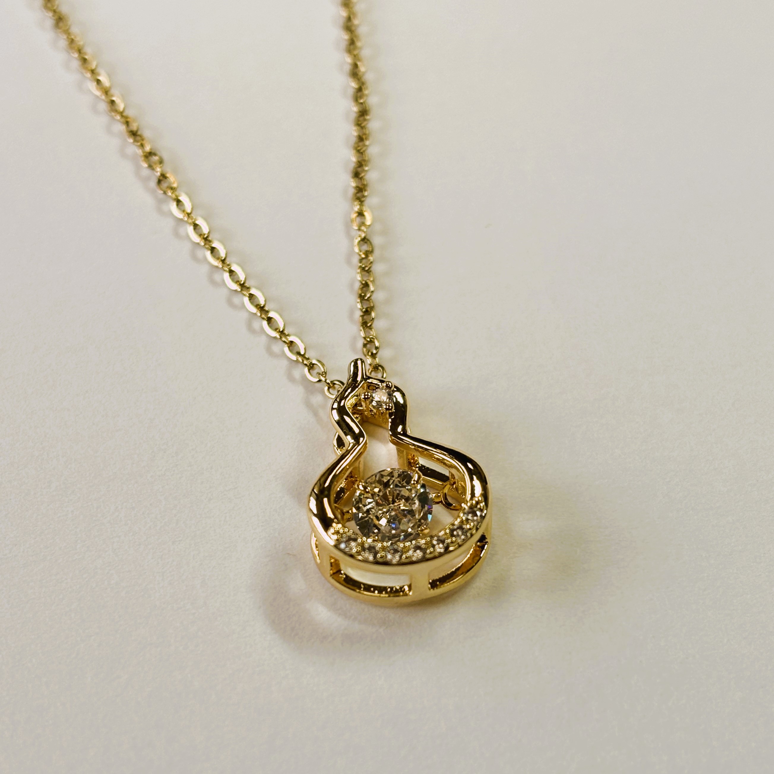 Gold Fengshui Gourd with Round Cut Floater Pendant Necklace