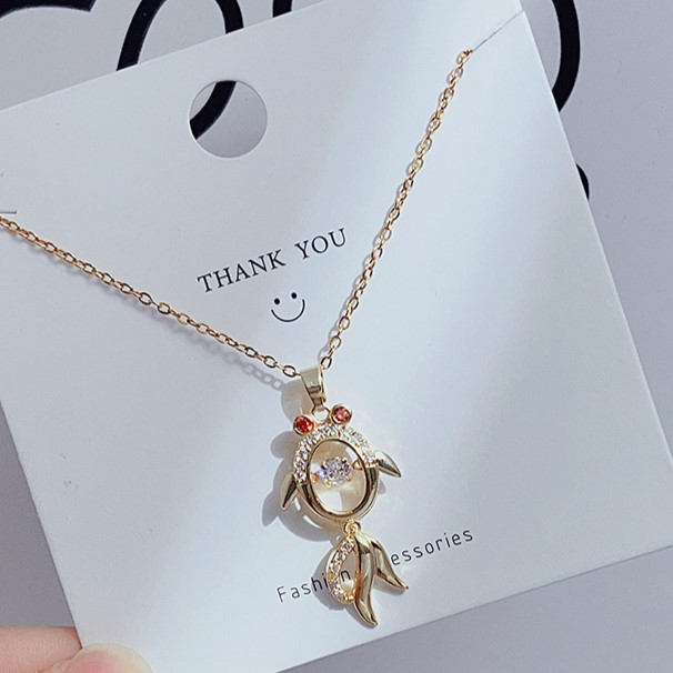 Gold Zircon Ruby Eyes Fish with Round Cut Floater Pendant Necklace